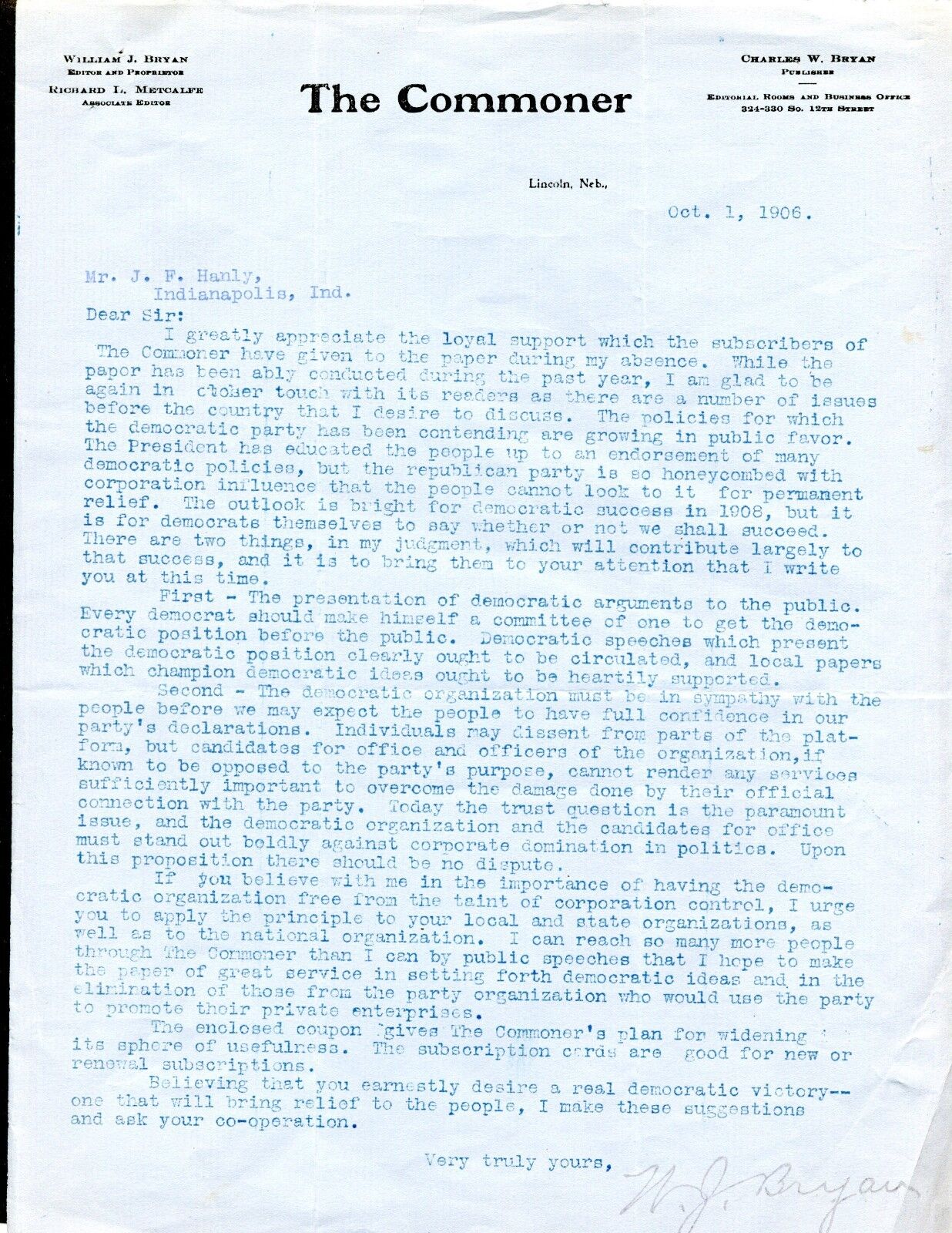 WILLIAM JENNINGS BRYAN TYPED LTR SIGNED ON HIS 1908 U.S. PRESIDENT CAMPAIGN