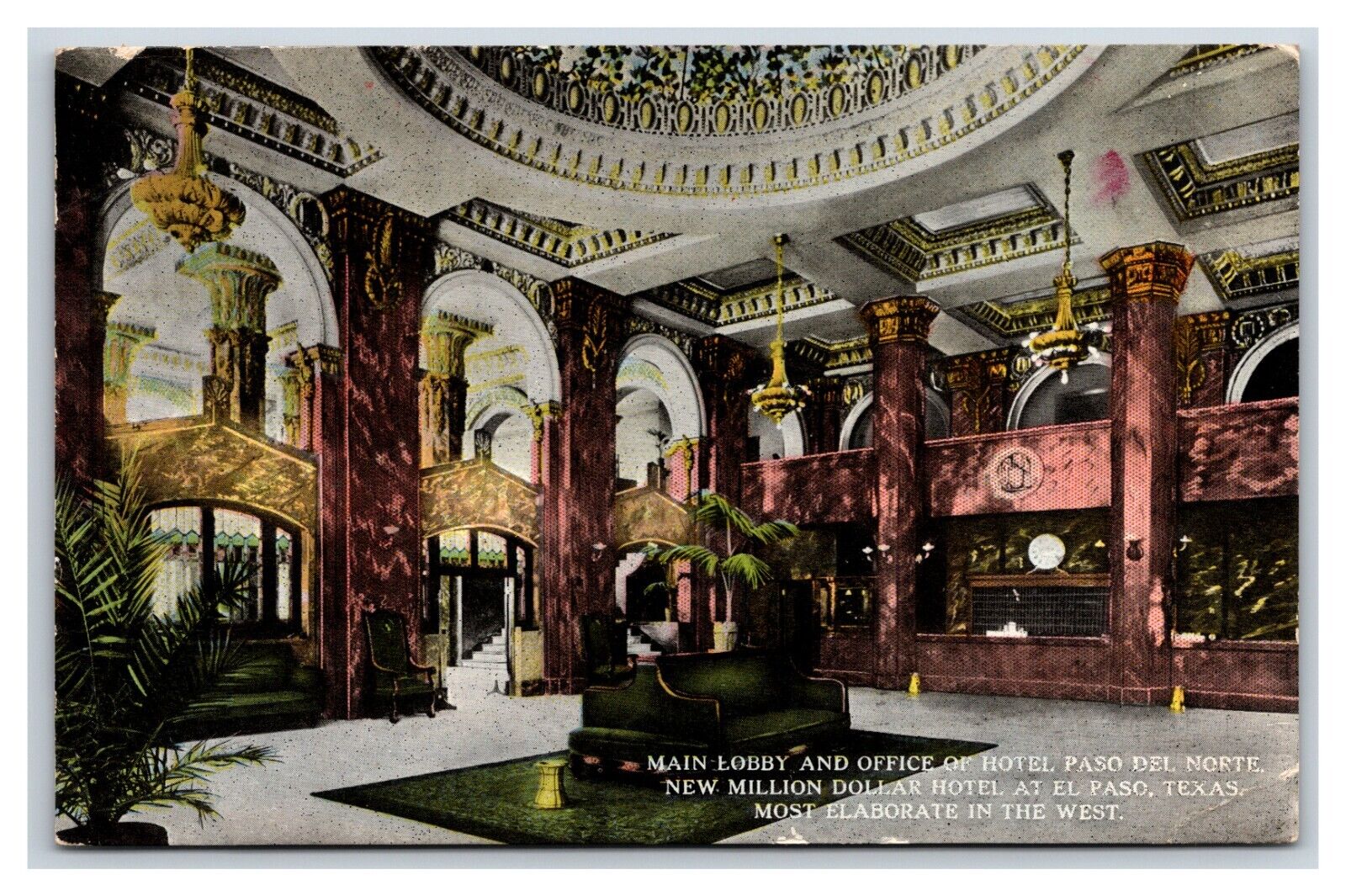 Lobby Interior Hotel Paso Del Norte El Paso Texas TX 1914 DB Postcard V9