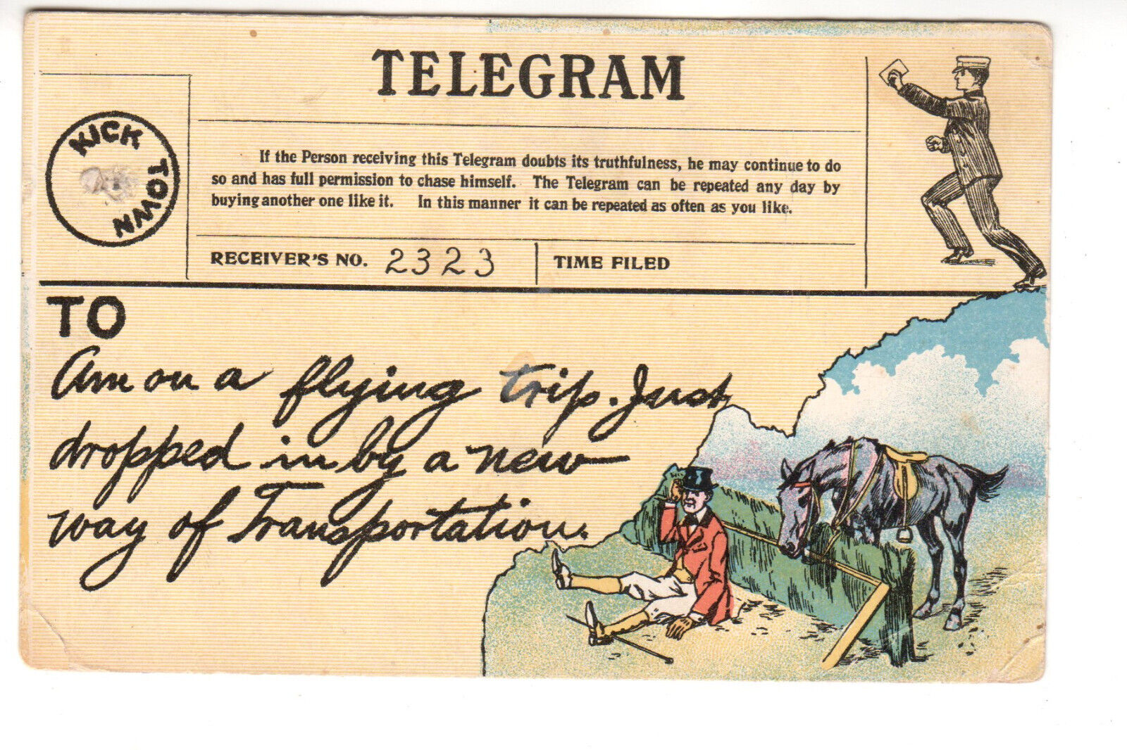 Postcard: Telegram - Kick Town - horse throwing rider; c. 1908; Franz Huld