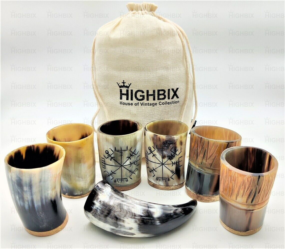 HIGHBIX Vikings Drinking Horn, Set of 6 Royal Premium Viking Real Horn Cup