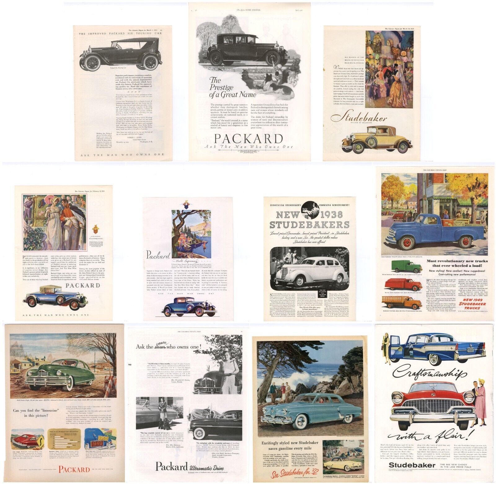 11 Different Magazine Ads STUDEBAKER and PACKARD, 1924-1956