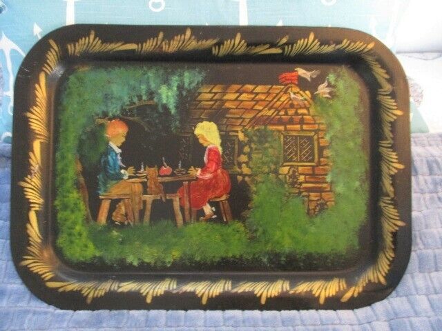 Hand Painted Antique Folk Art Tole Tray -Colonial Couple, White Doves, Kitty Cat