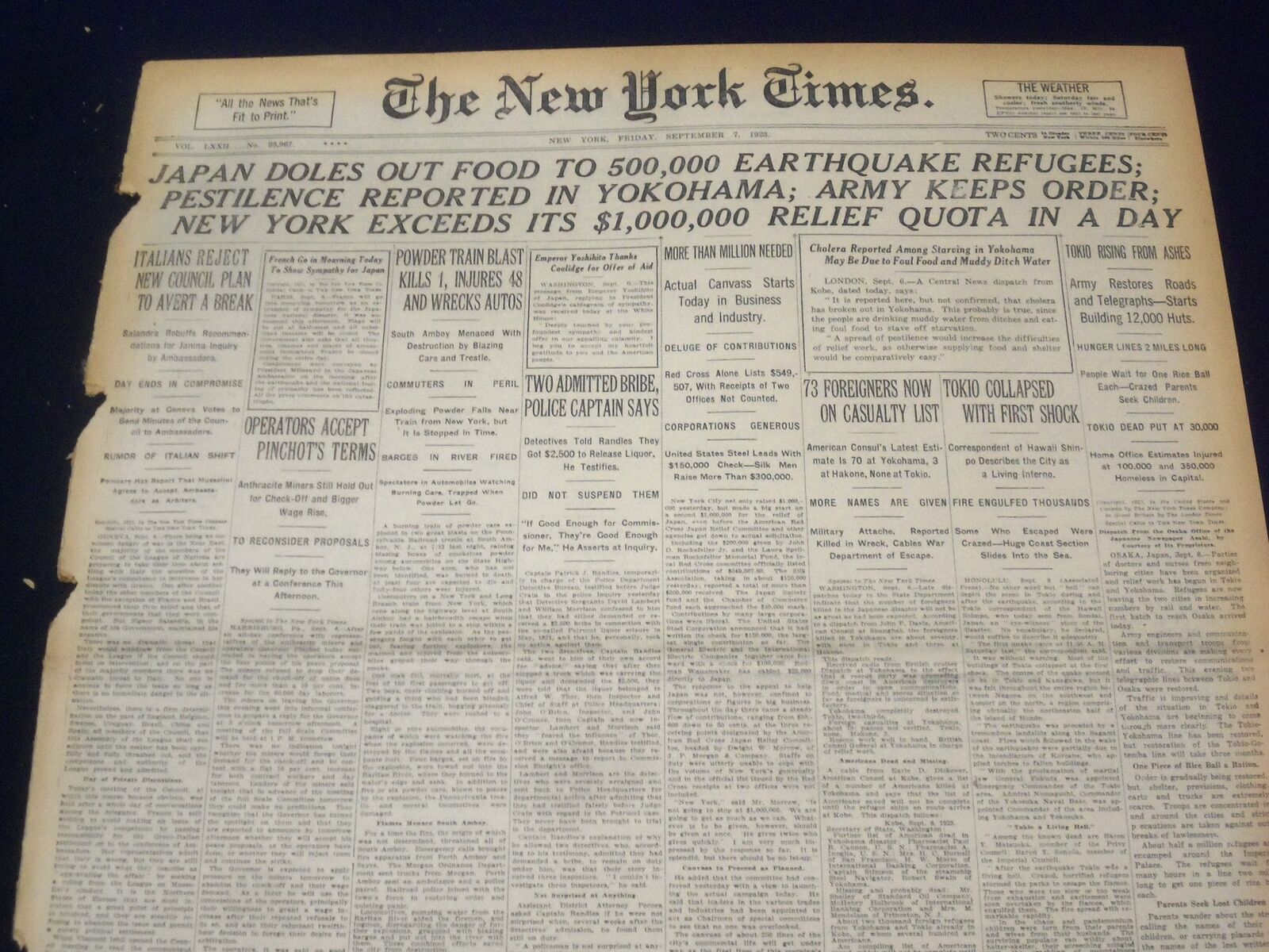 1923 SEP 7 NEW YORK TIMES - JAPAN DOLES OUT FOOD TO 500,000 - NT 9351