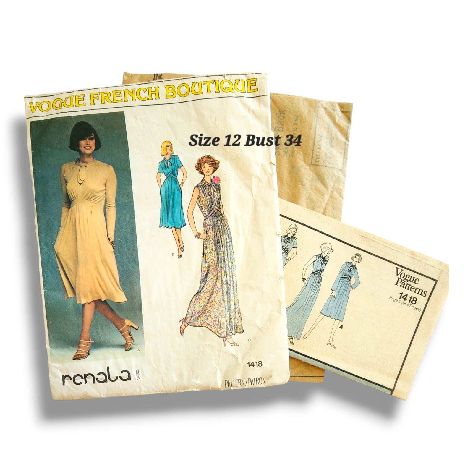 1970s Vogue 1418 French Boutique Dress Size 12 Bust 34 Renata Paris UNCUT