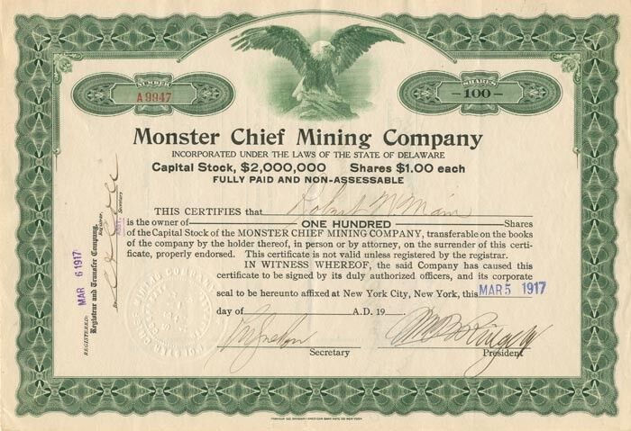 Monster Chief Mining Co. - Stock Certificate - Mining Stocks