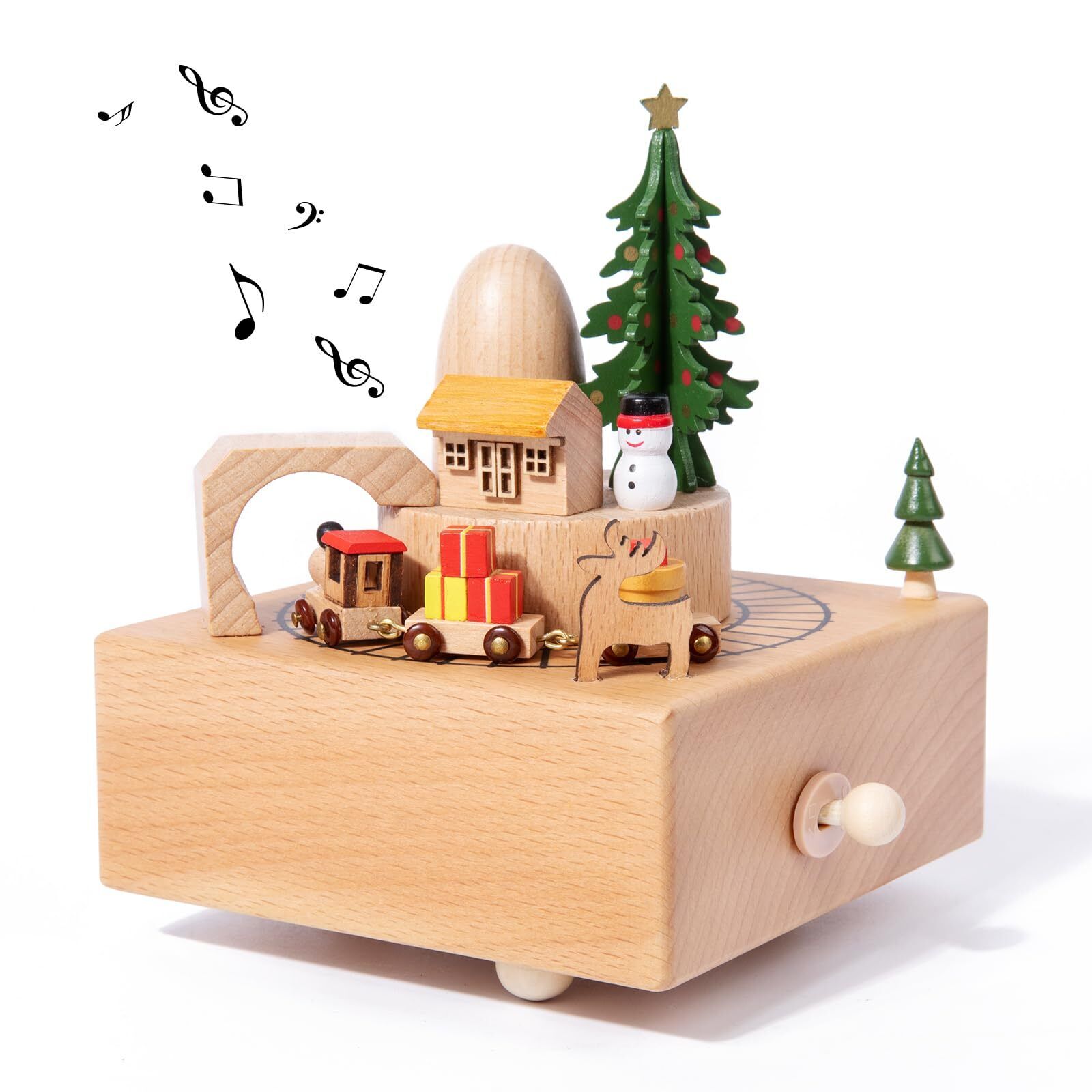 Solid Beech Music Box with Christmas Tree and Rotating Car Festival Gift and ...