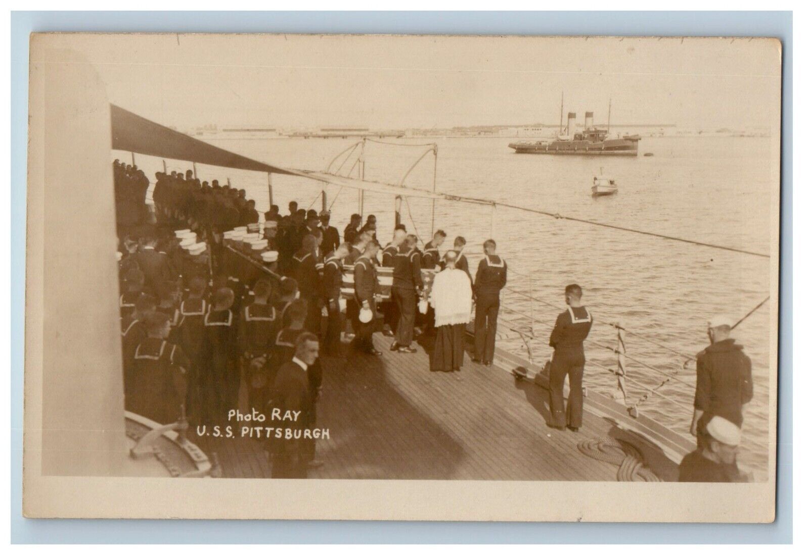 c1920\'s U.S.S. Pittsburgh Funeral At Sea Flag Casket RPPC Photo Vintage Postcard