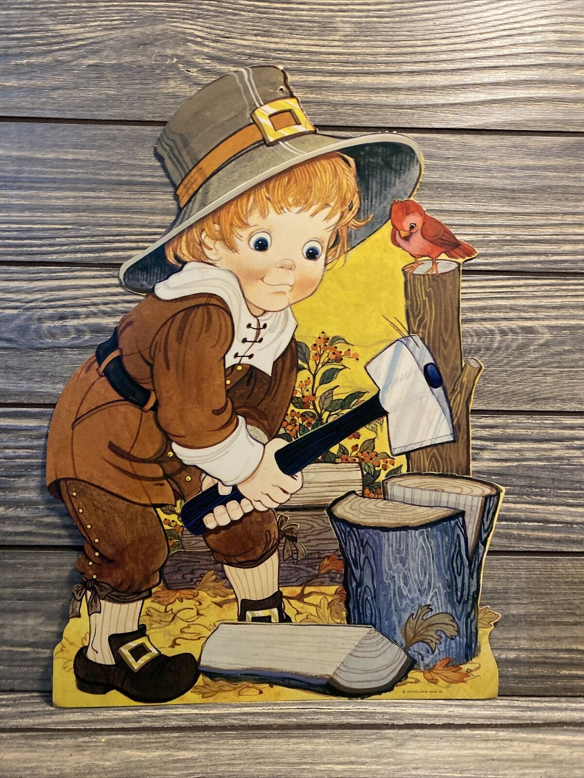 Vtg Hallmark 1979 Thanksgiving Cardboard Wall Decor Boy Pilgrim Chopping Axe 14”
