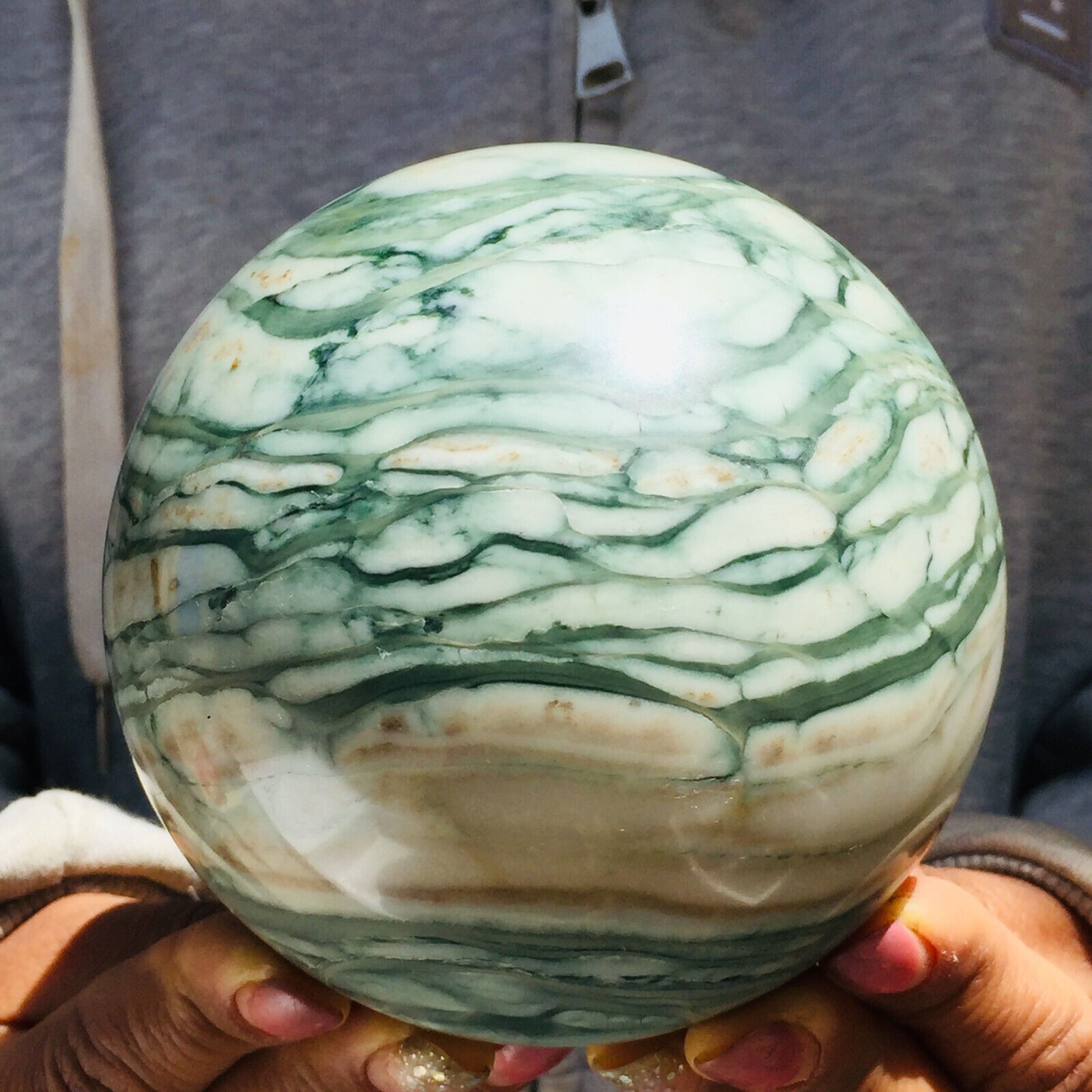 3.8lb Large Green Zebra Stone Crystal Quartz Sphere Healing Mineral Specimen