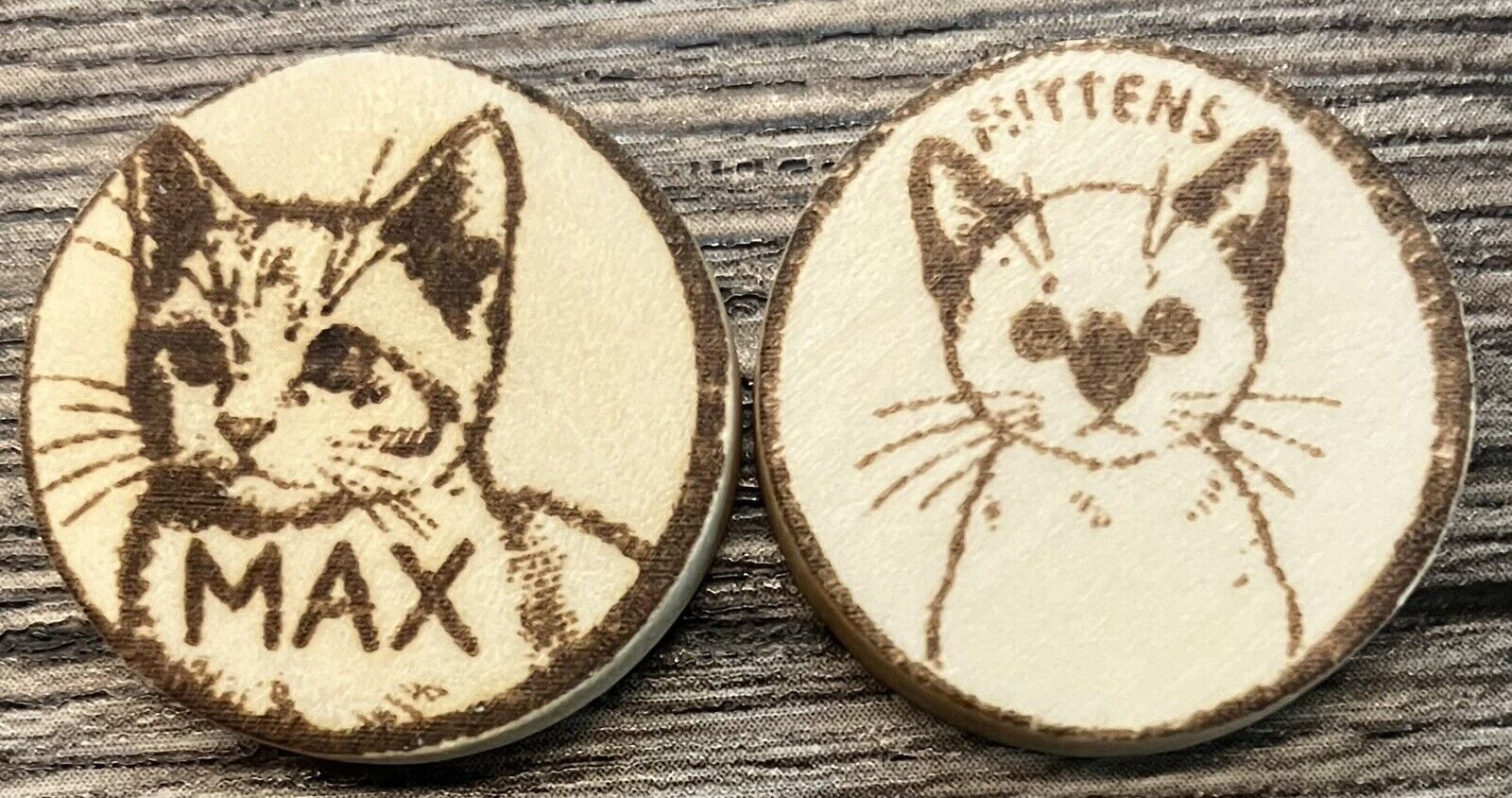 Wooden Coin Token Set - Max And Mittens - Cat Adoption - Souvenir - Artisan