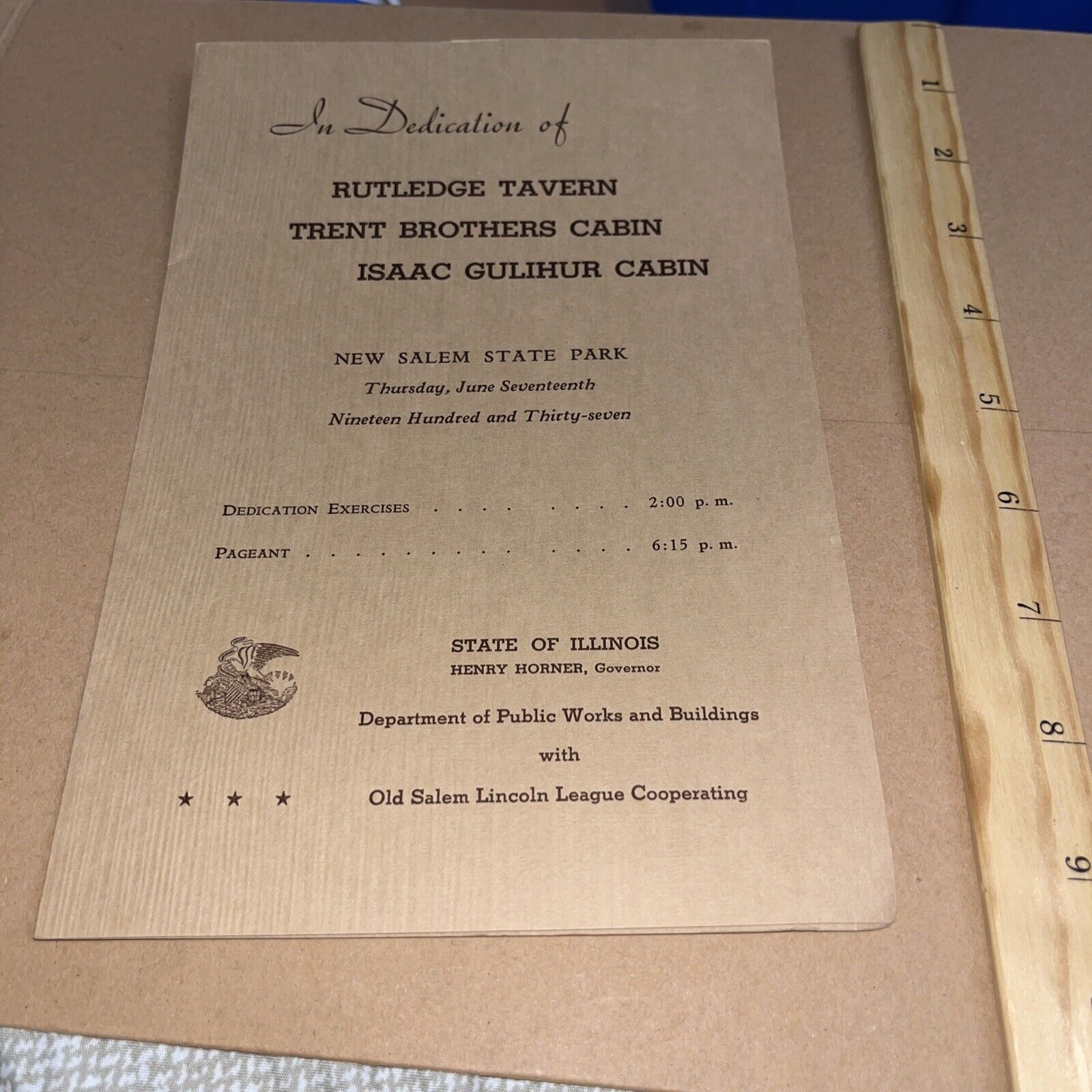 1937 Dedication Program: Rutledge Tavern @ New Salem State Park Illinois Lincoln