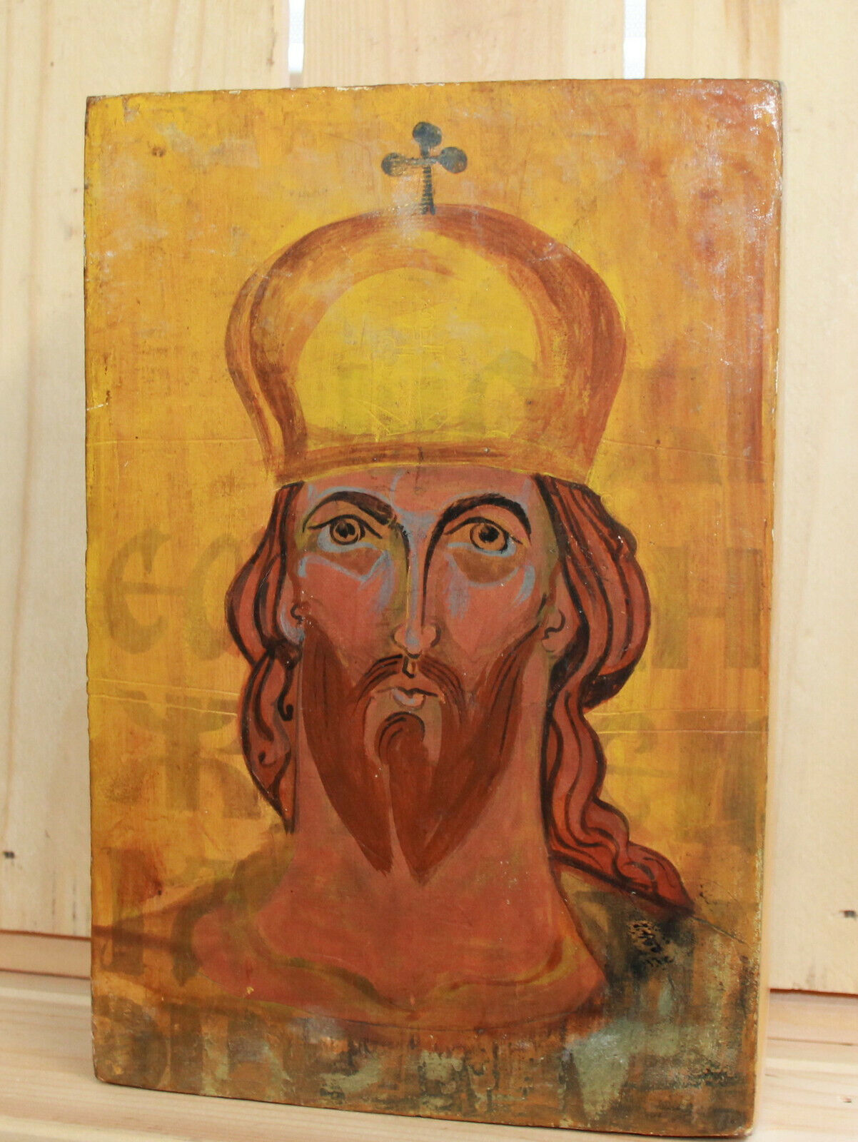 Vintage religious hand painted icon Saint Tzar Boris 1st