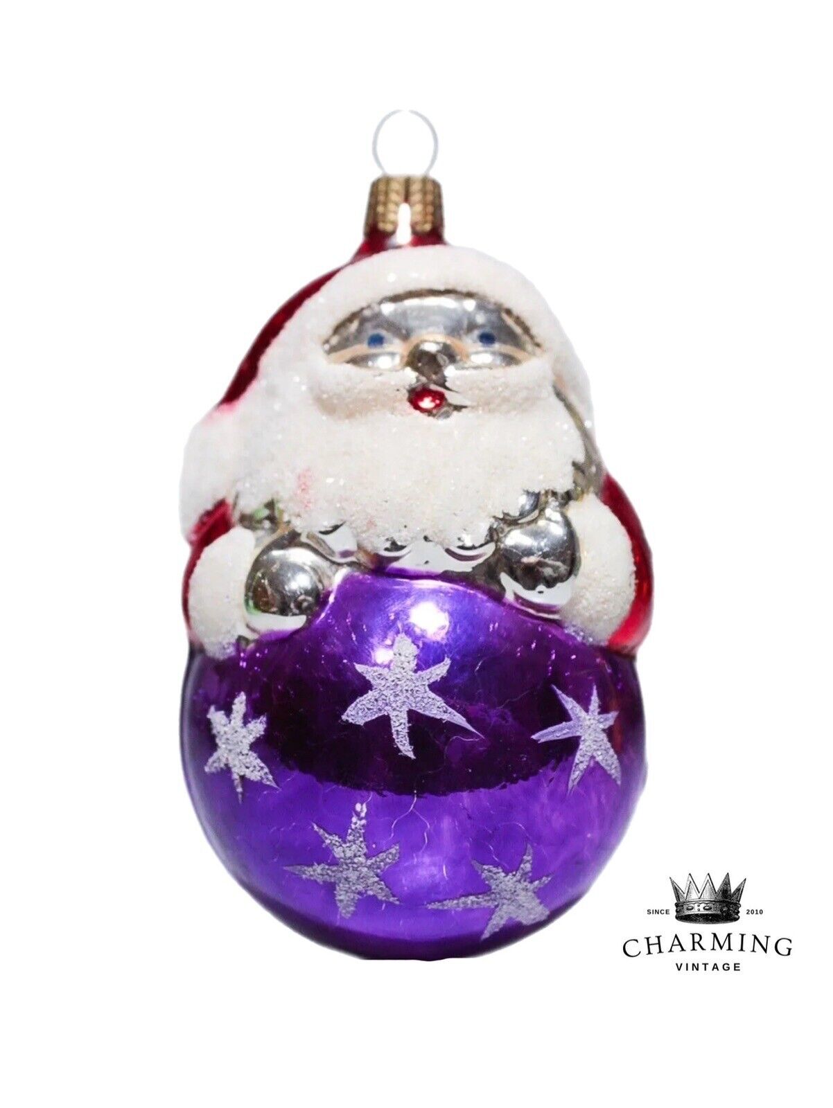 Vintage Old Germany Glass Mercury Santa on Ball Hand Painted Christmas Ornament