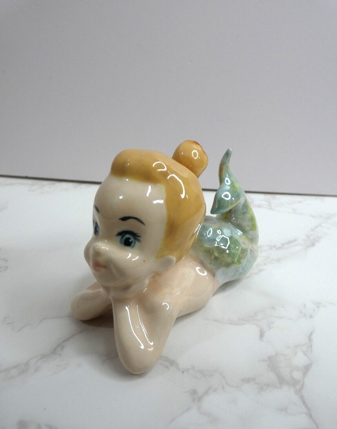 VTG 1970s Ceramic Baby Mermaid Lounging Figure Blonde Small 3.4\