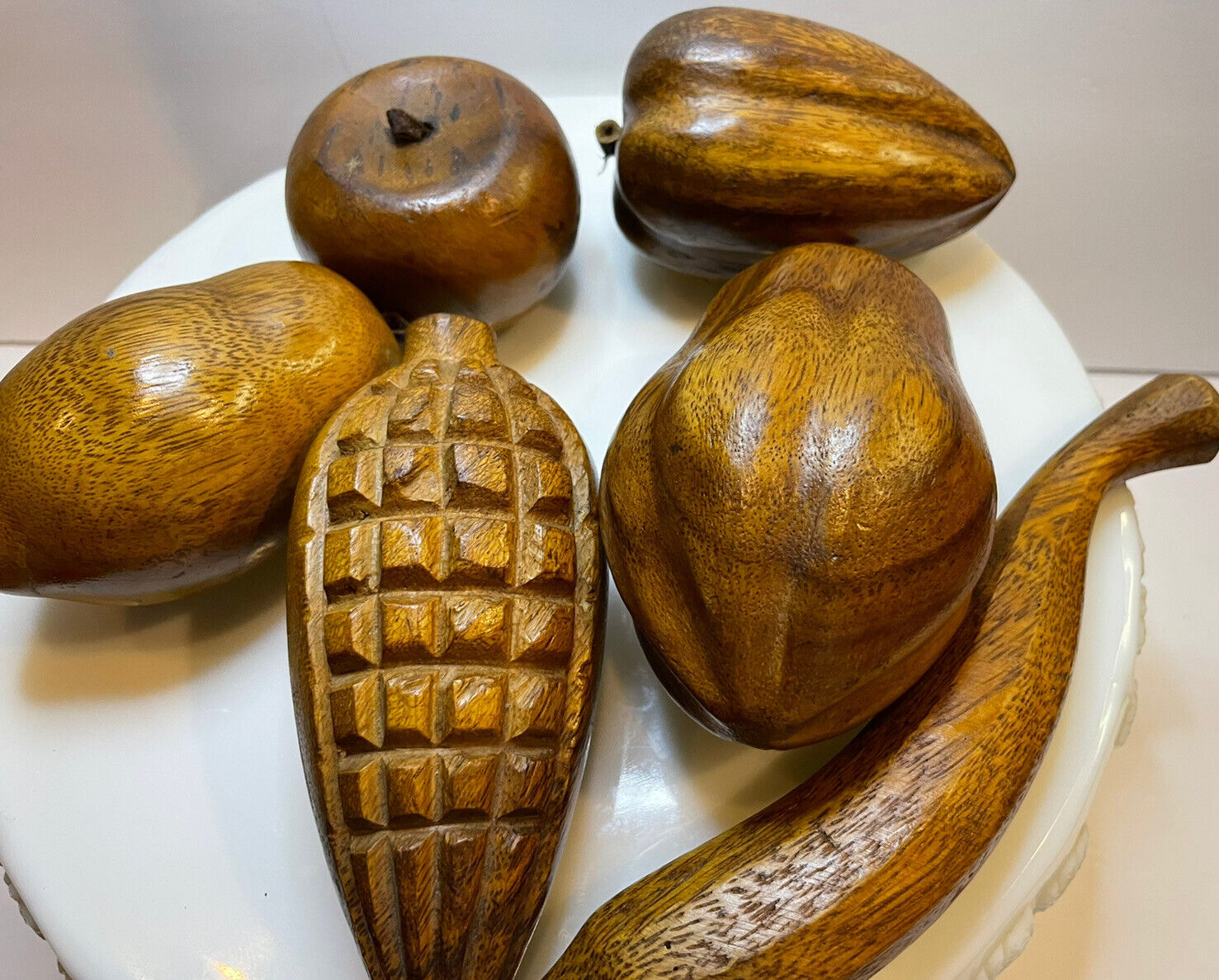Vintage Wooden Fruit 6 Pieces Rare Corn Apple Banana Pear Etc Hand Carved MCM