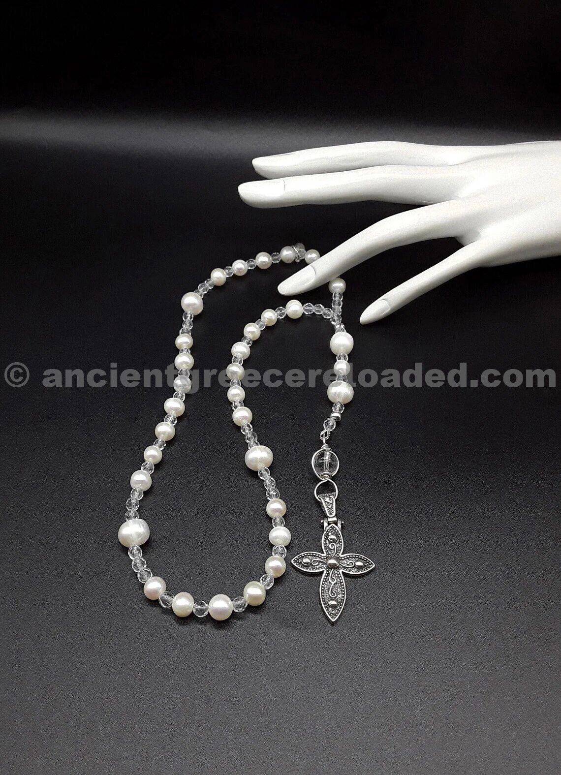 The White Pearl Anglican Vintage Rosary Necklace, pure 925 Silver Cross