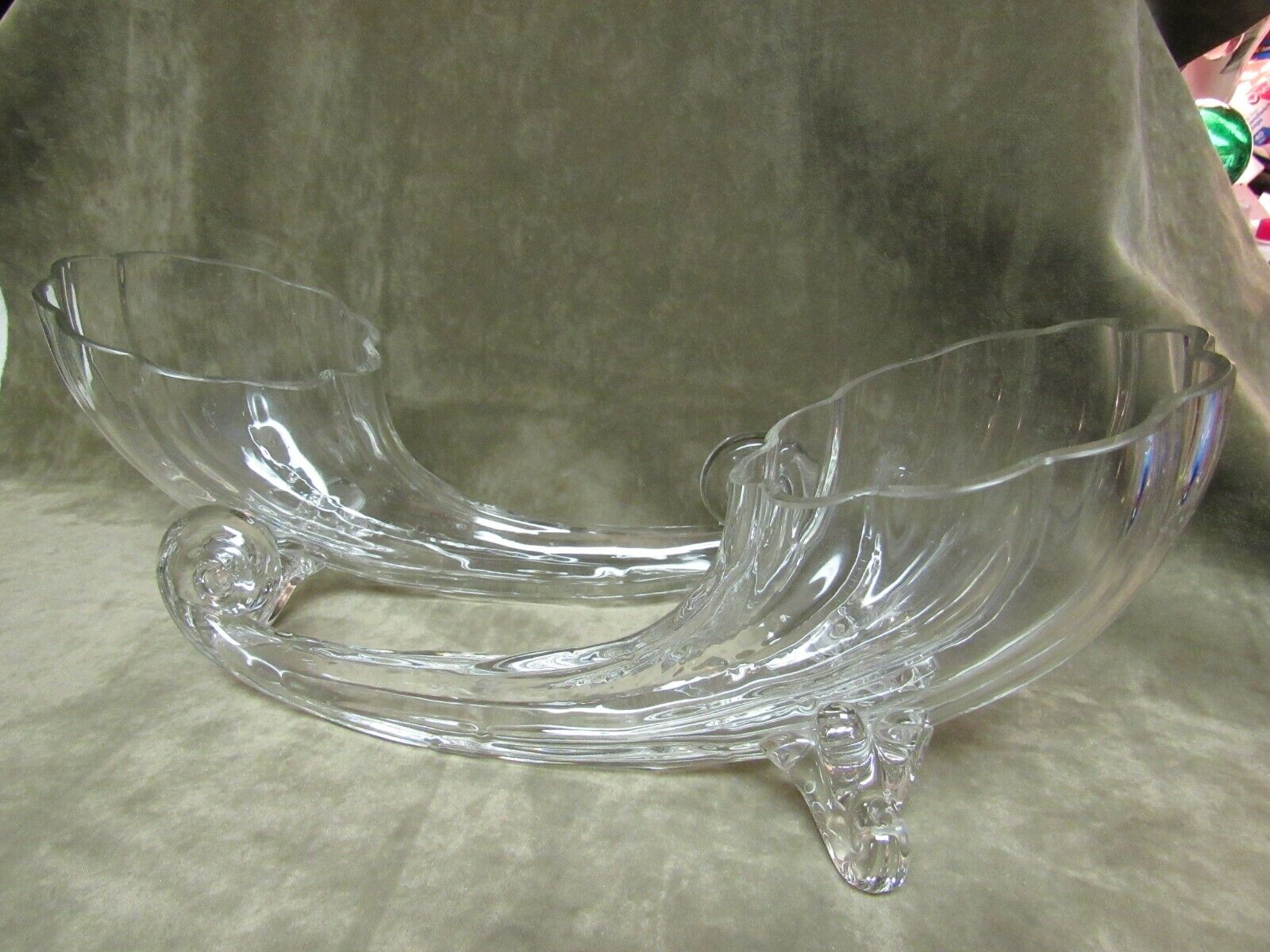 Vintage Hand Blown Crystal Clear Cornucopia Vase pair Ribbed Design w/Feet