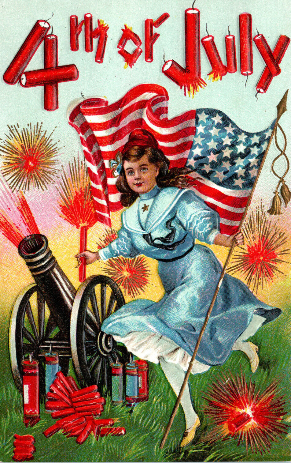 4th Of July Patriotic Postcard Girl Cannon Fireworks American Flag Firecracker