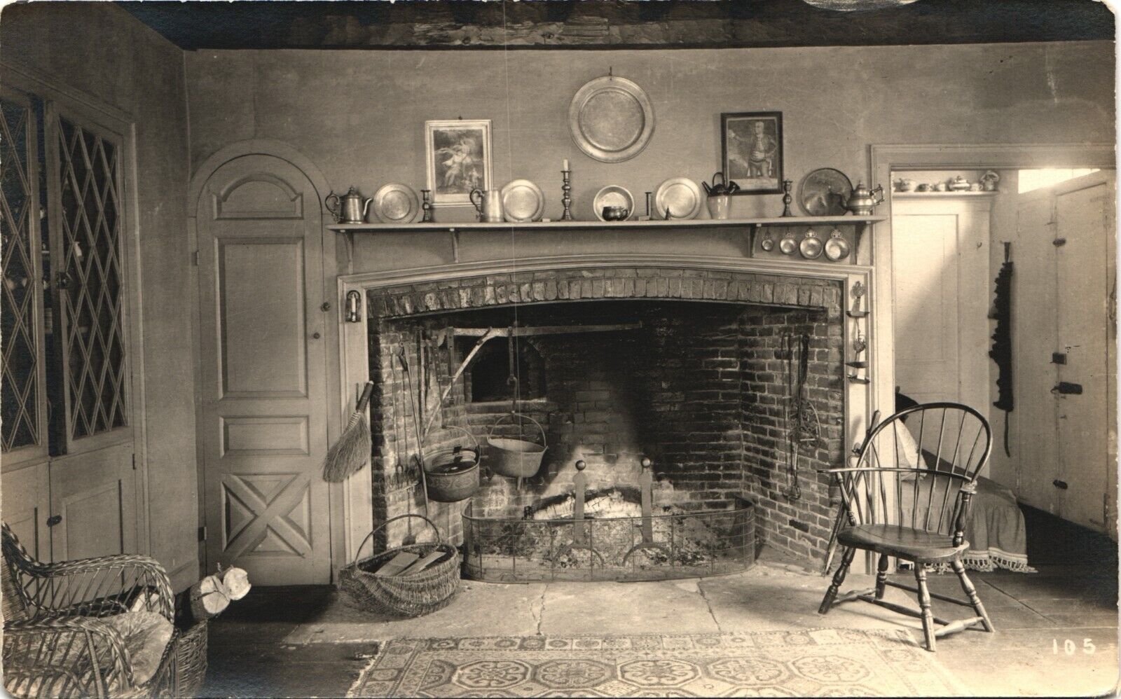 EARLY AMERICAN HOME INTERIOR real photo postcard rppc fireplace kitchen ~nice