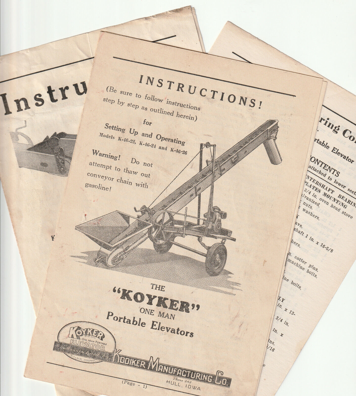 Koyker Mfg. Co., Hull, Iowa, IA - Lot of Instructions for Agricultural Equipment