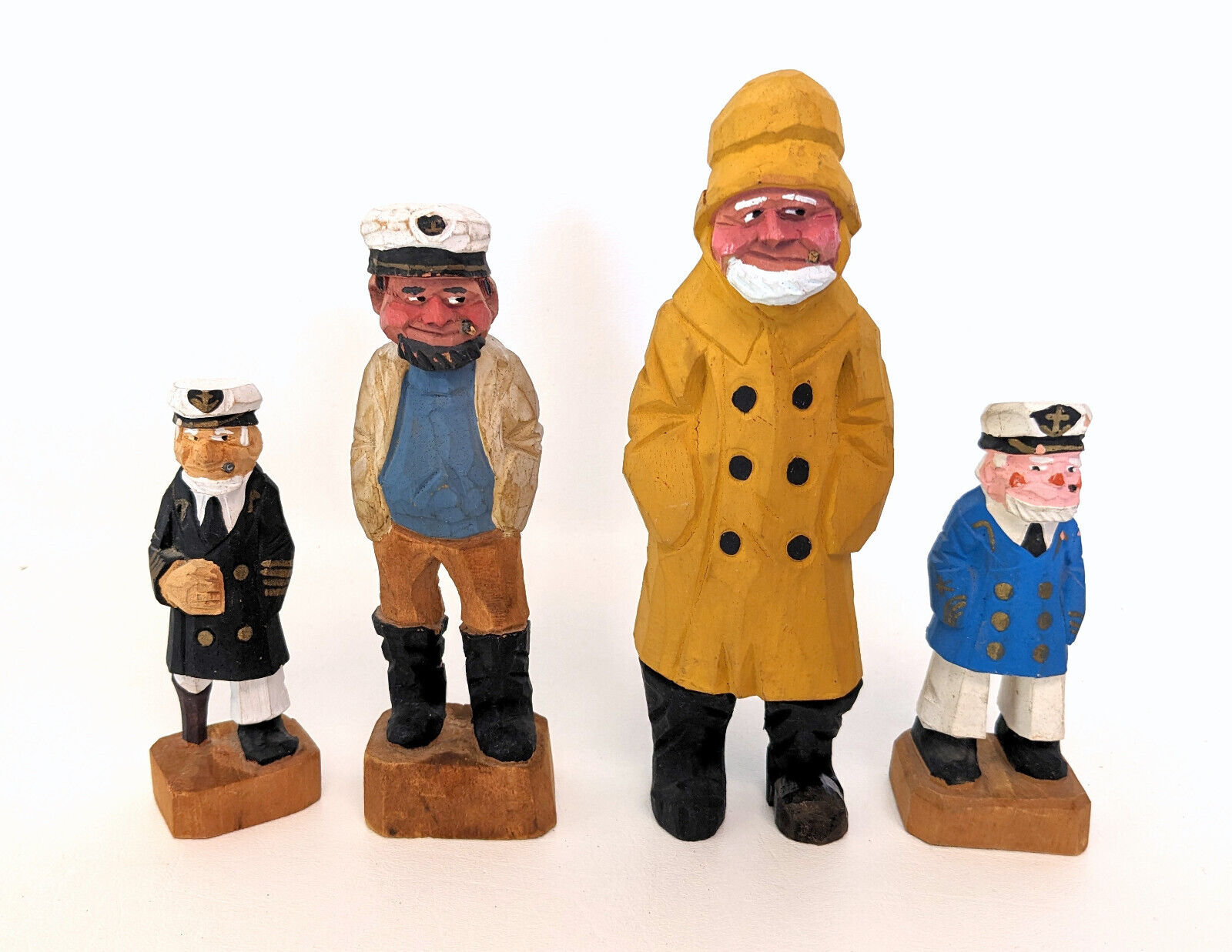 Lot of Four Vintage Painted Carved Wooden Old Salt Fisherman or Sailor Figurines