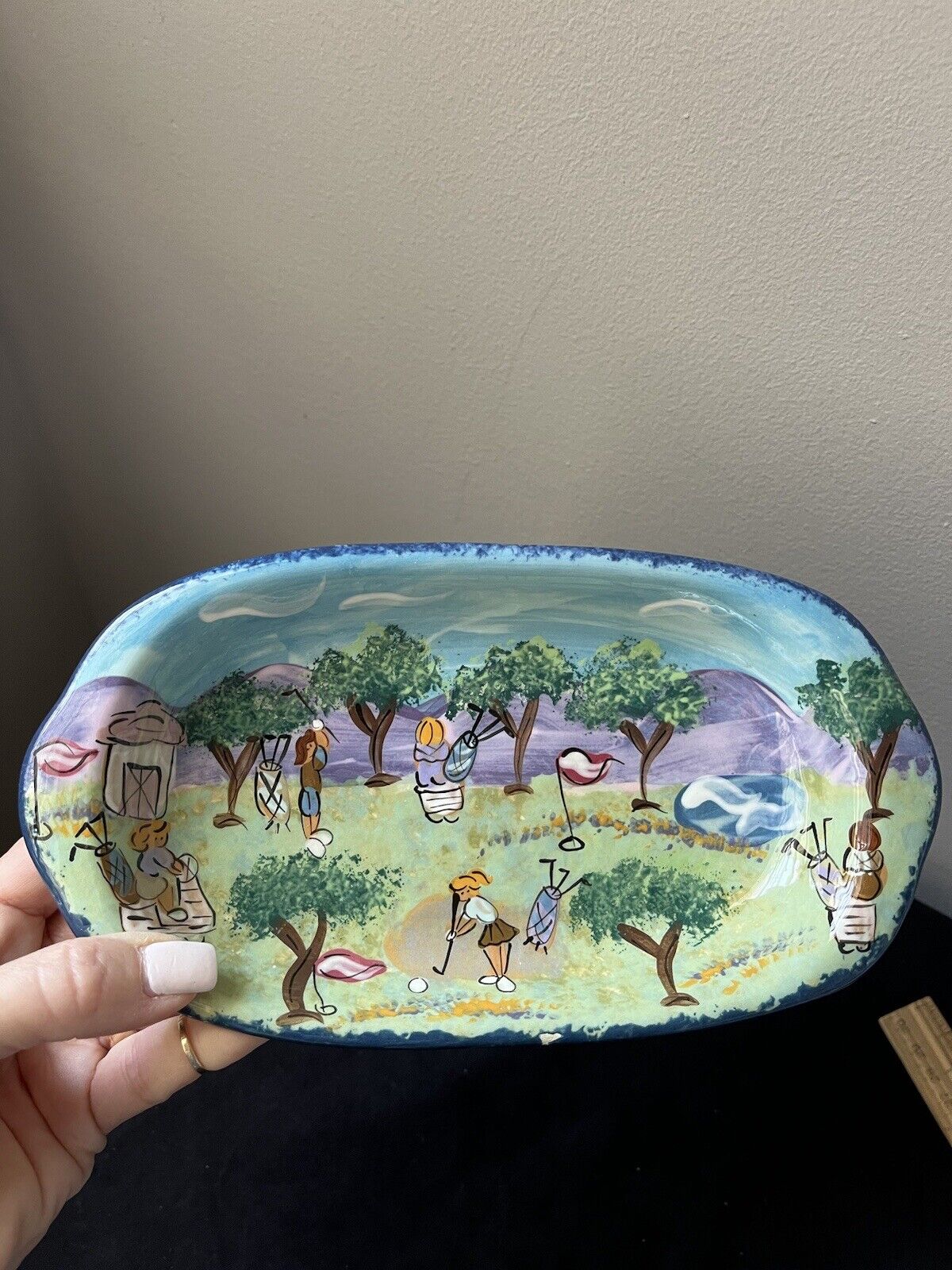 Lesal Ceramics Hand Painted Trinket Tray Women Playing Golf Whimsical 9”x3.5”