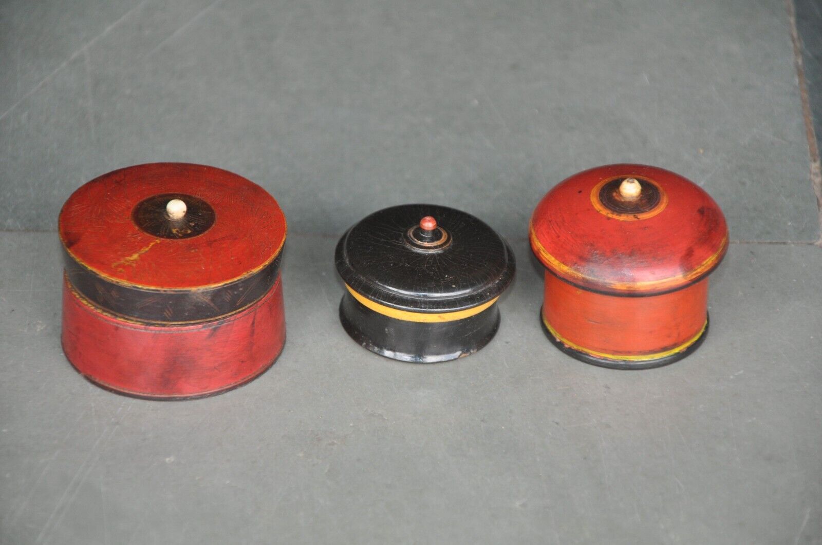 3 Pc Vintage Colorful Wooden Small Handcrafted Lacquer Powder/Pill Box