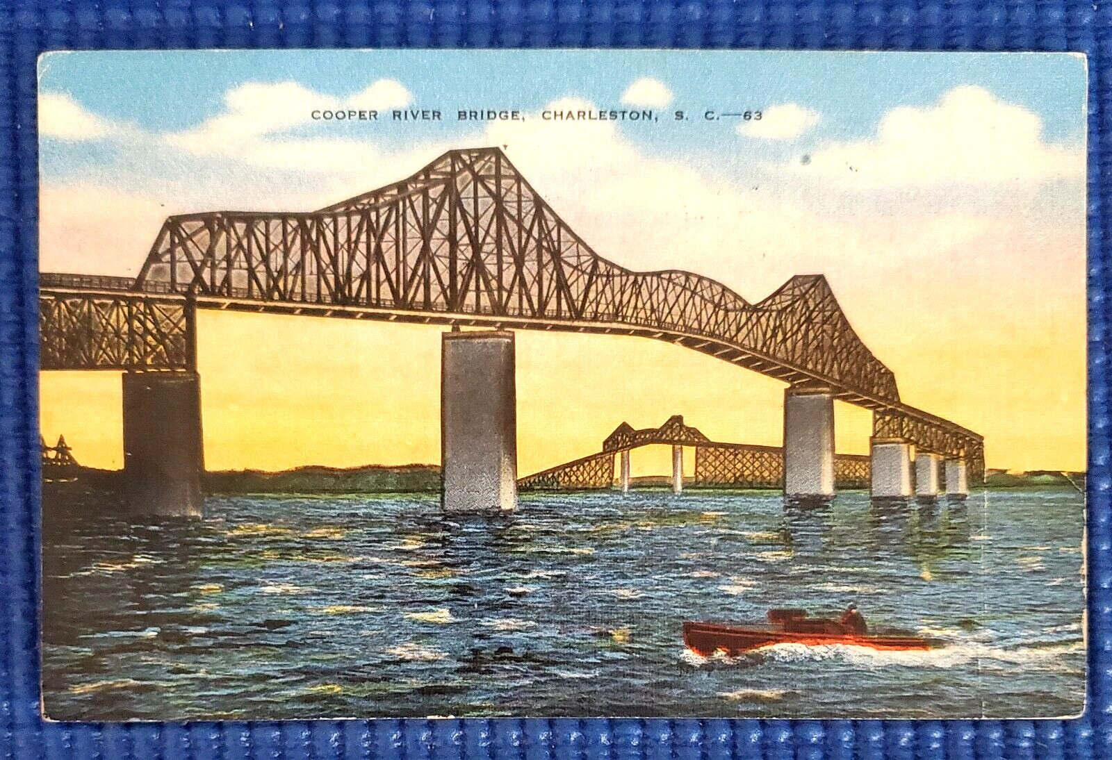 Vintage Cooper River Bridge & Boat Charleston South Carolina SC Postcard