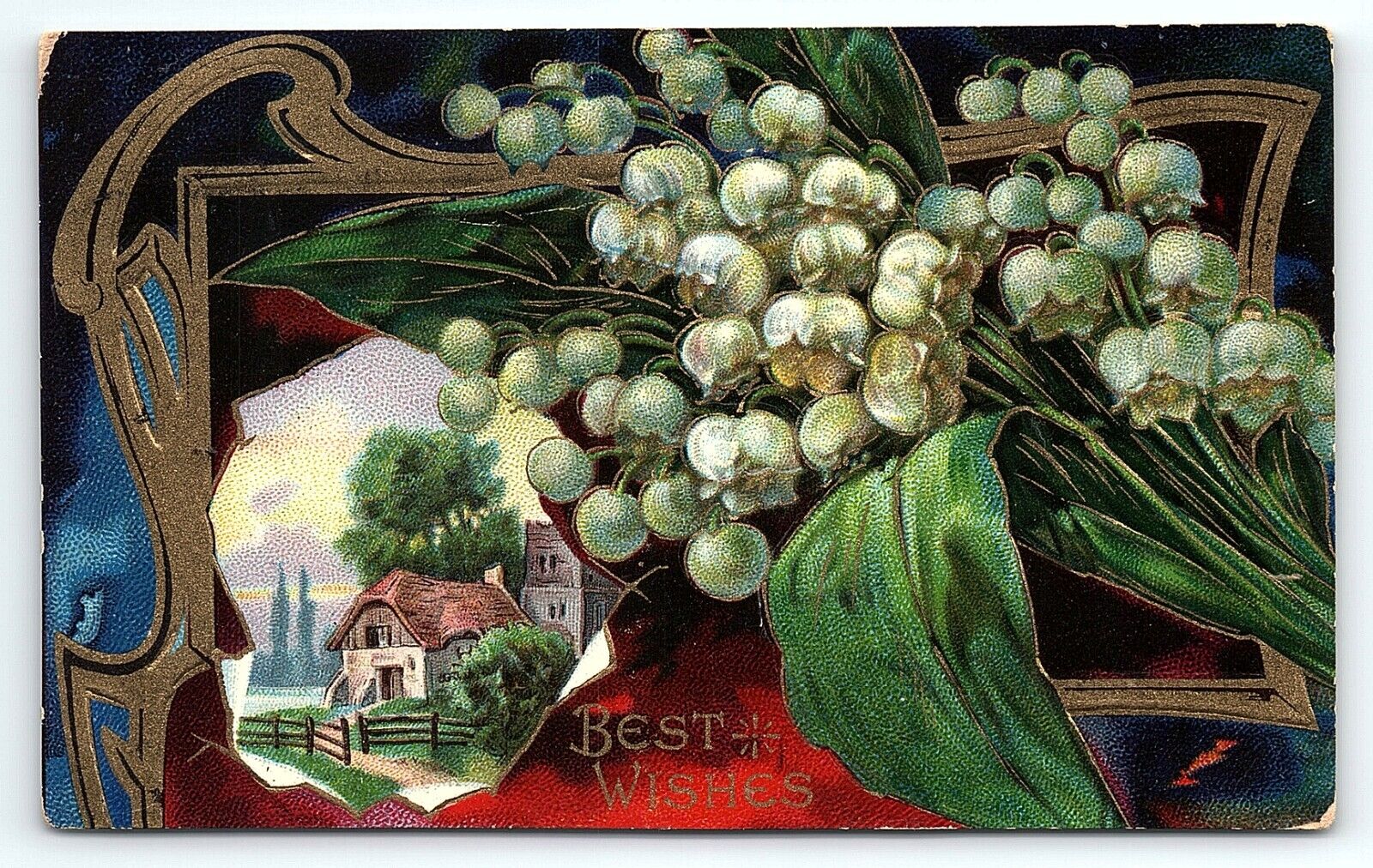 1910 BEST WISHES COTTAGE FLORAL BOQUET EMBOSSED GILDED OHIO POSTCARD P2512