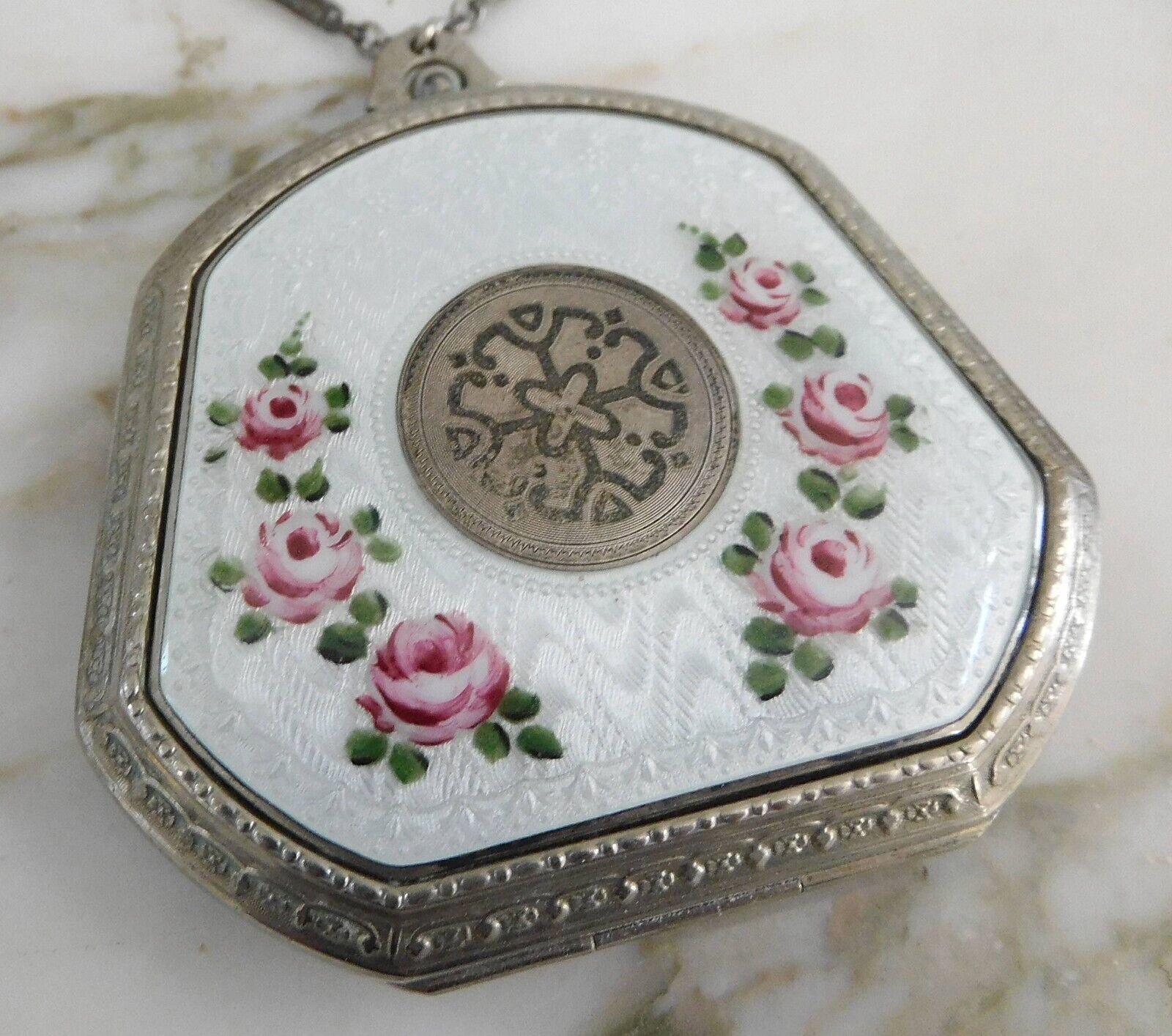 ANTIQUE VINTAGE 1920’S GUILLOCHE ENAMEL COMPACT HAND PAINTED PINK ROSES
