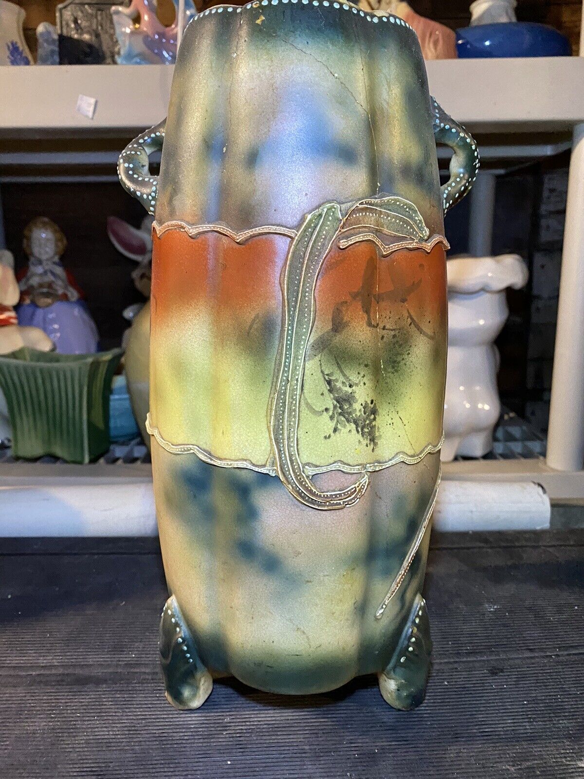 Vintage Nippon Asian Handled Footed Moriage Decorated Birds Flowers Vase