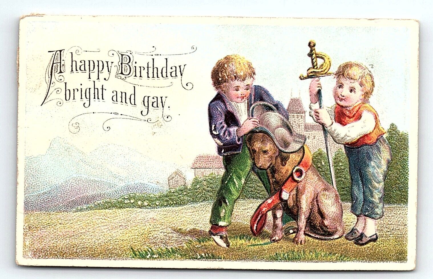 c1880 EMBOSSED BIRTHDAY BOYS DRESSING DOG AS A KNIGHT IN ARMOR TRADE? CARD Z1211