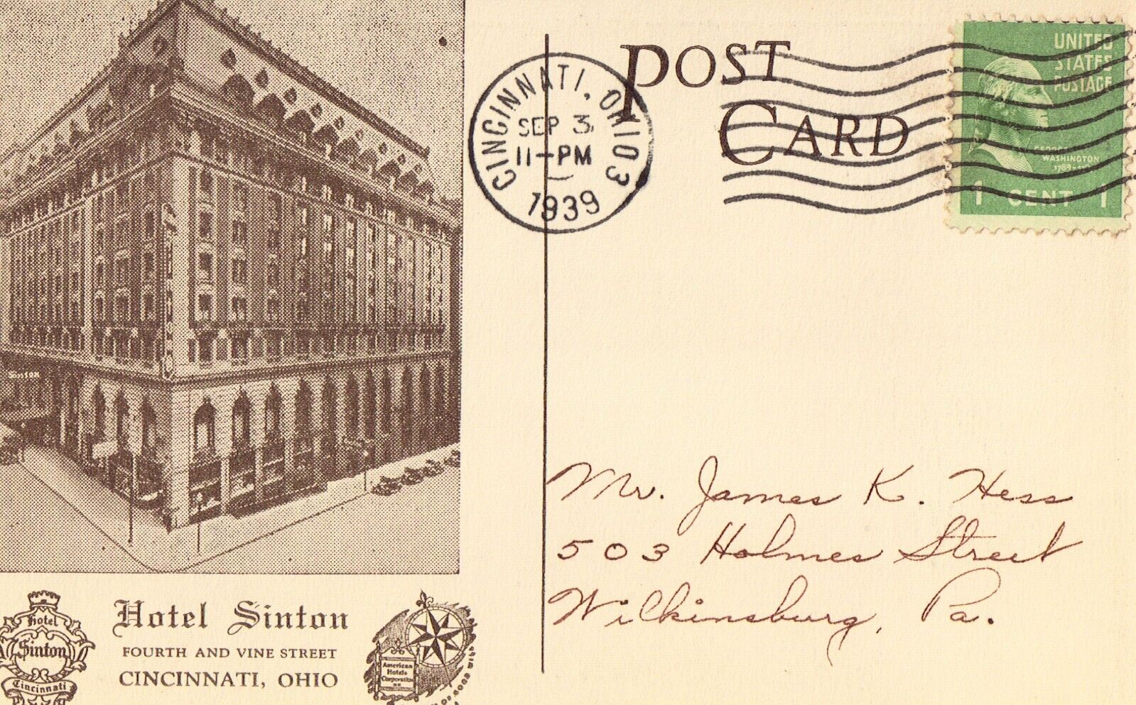 Hotel Sinton - Cincinnati, Ohio Vintage Postcard