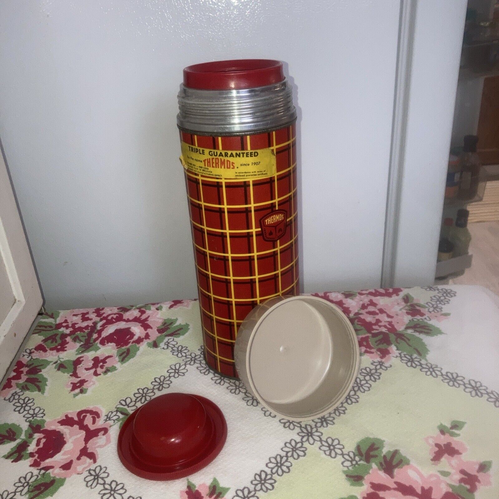 Vtg Glass Lined American Thermos  Quart Metal Vacuum Bottle No.5454 Poly Red top