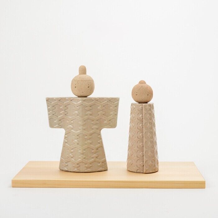 Japan Shigaraki Ware Hina Doll Pottery Ornament Statue Set Beige