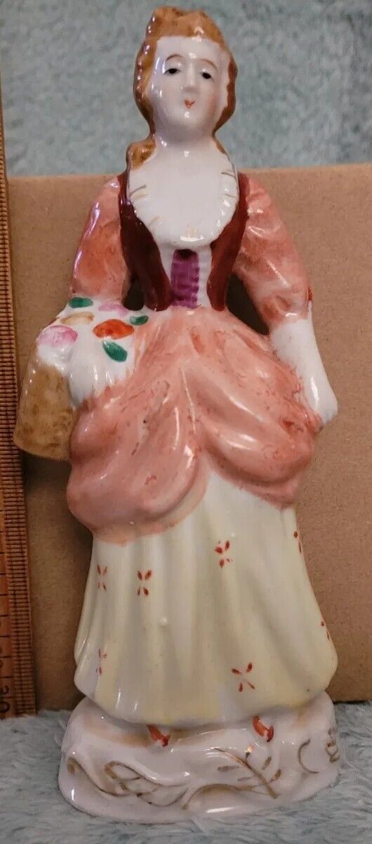 Vintage 18th/19th century WOMAN IN RED WITH FLOWER BASKET ceramic figurine