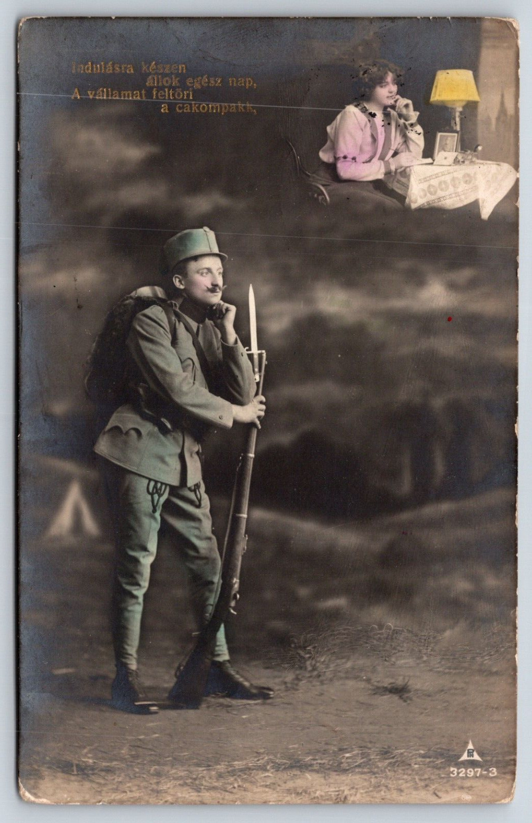 WW1 1915 Field Posted Hungary Soldier with Rifle Tinted RPPC P2C