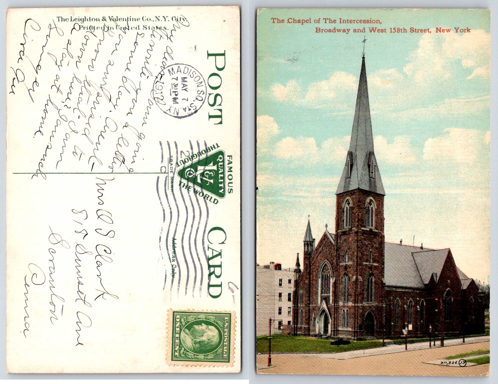 New York City CHAPEL OF THE INTERCESSION BROADWAY & WEST 158TH ST Postcard L266
