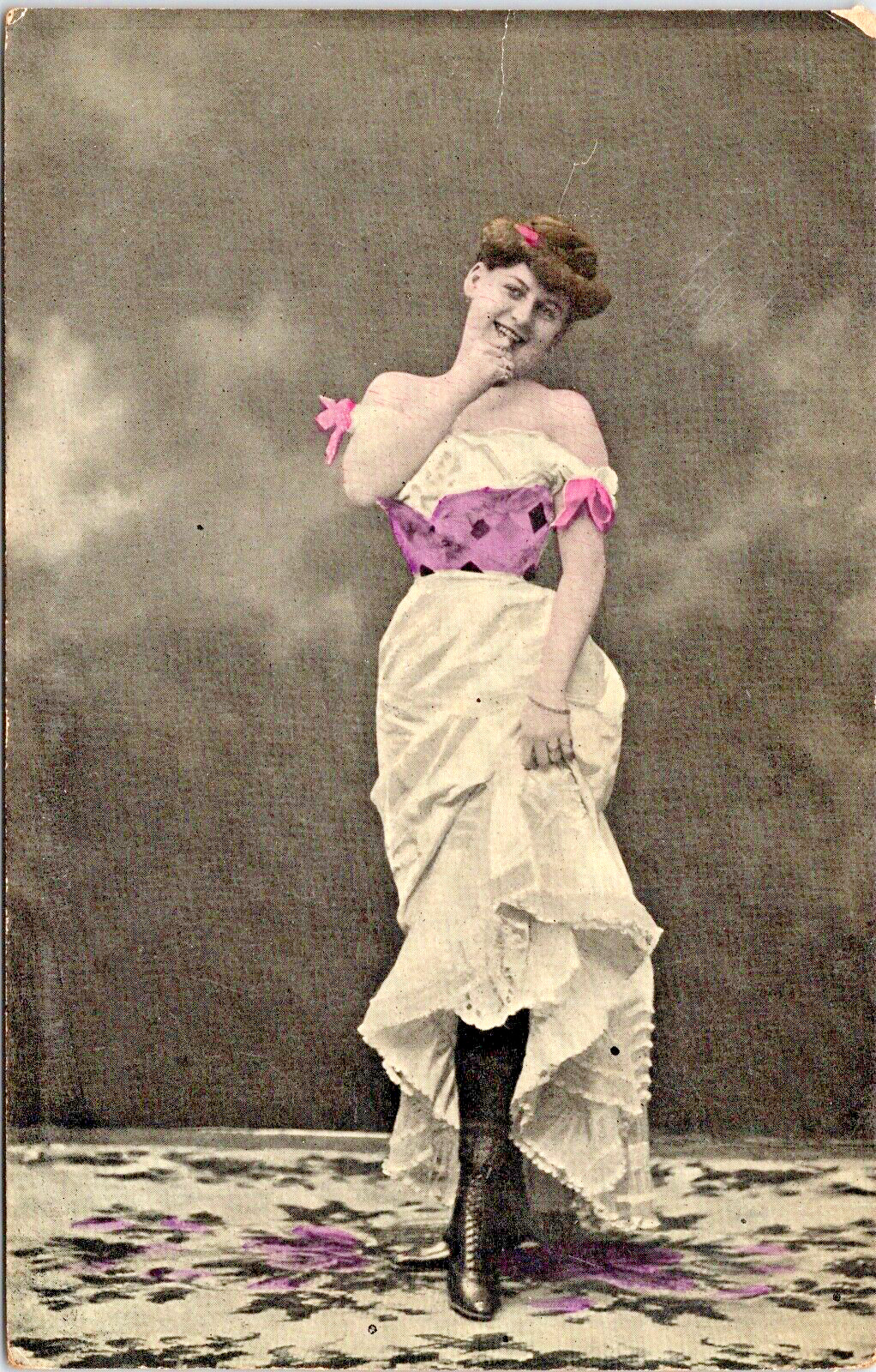 RPPC Pastel Tint Young Woman High Button Boots Lace Petticoat Studio P.UN.(N137)