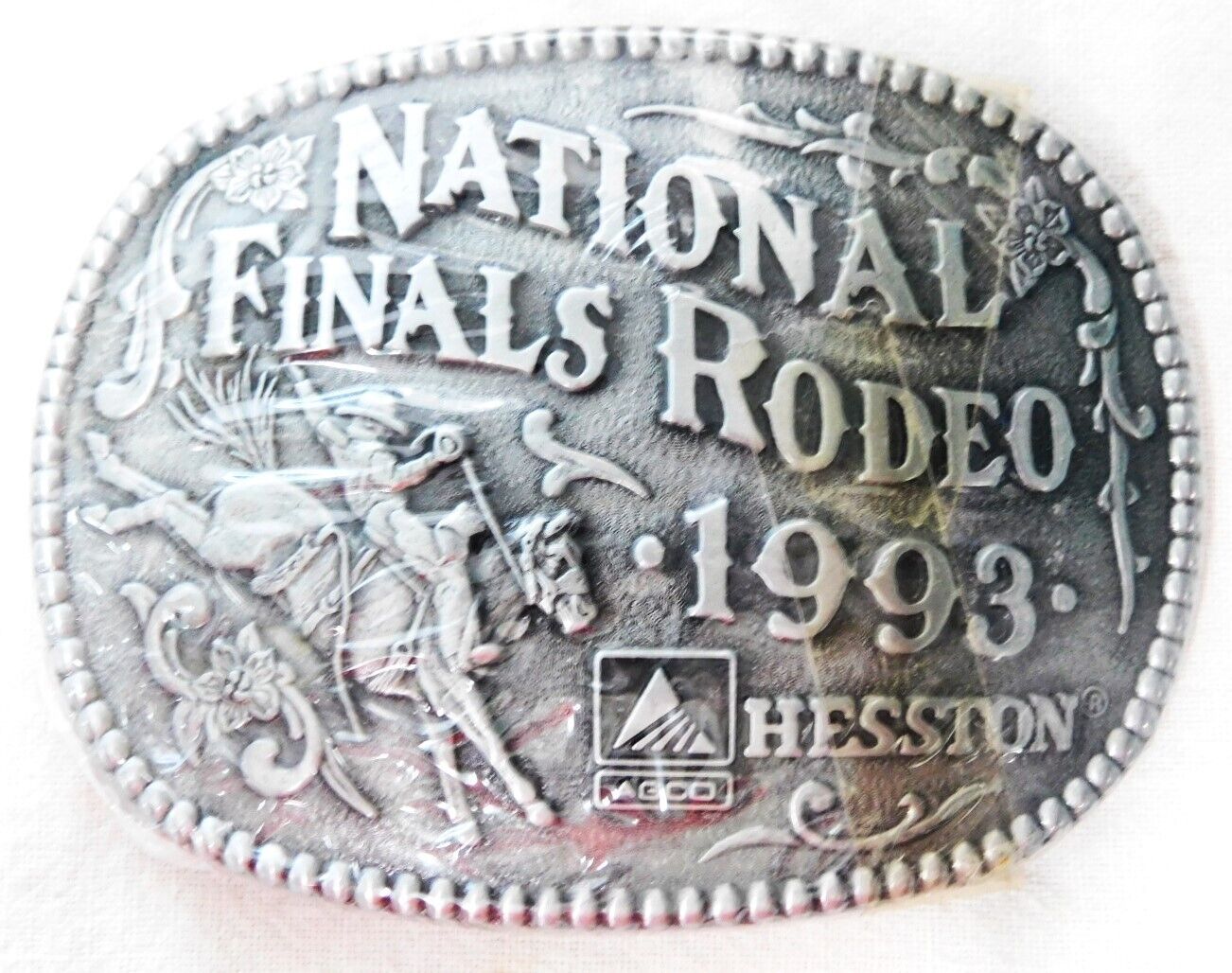 NOS 1993 HESSTON NATIONAL FINALS RODEO BELT BUCKLE - ORIGINAL WRAPPER