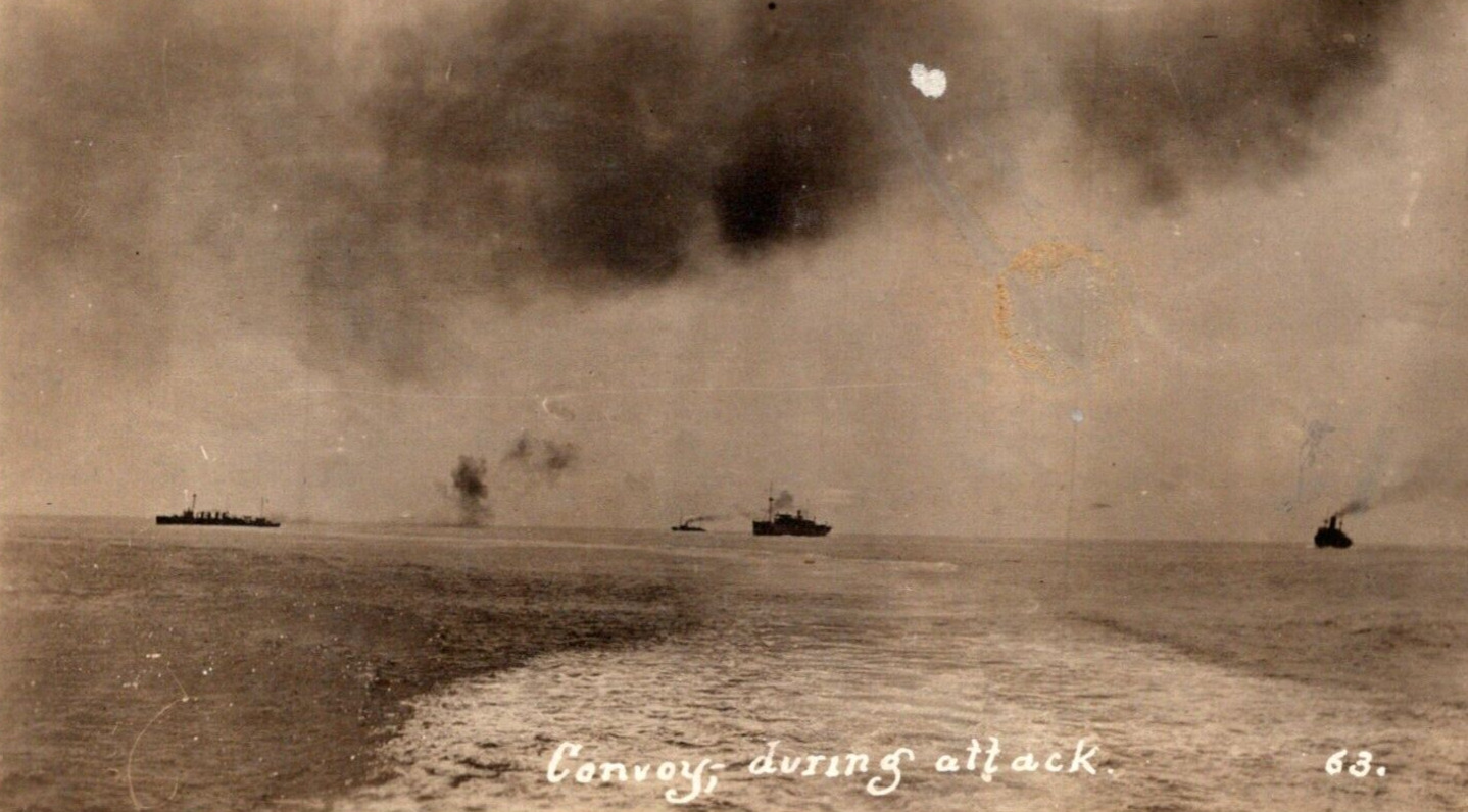 Antique RPPC Postcard WWI Convoy during Attack World War 1 Photo WW1 Ships Water