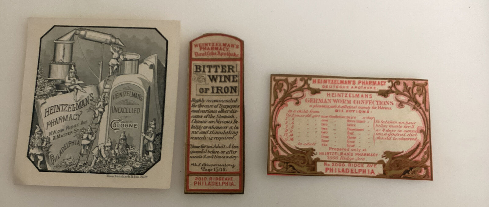 3 Vintage Heintzelman\'s Pharmacy Labels Philadelphia Confection Cologne Bitter