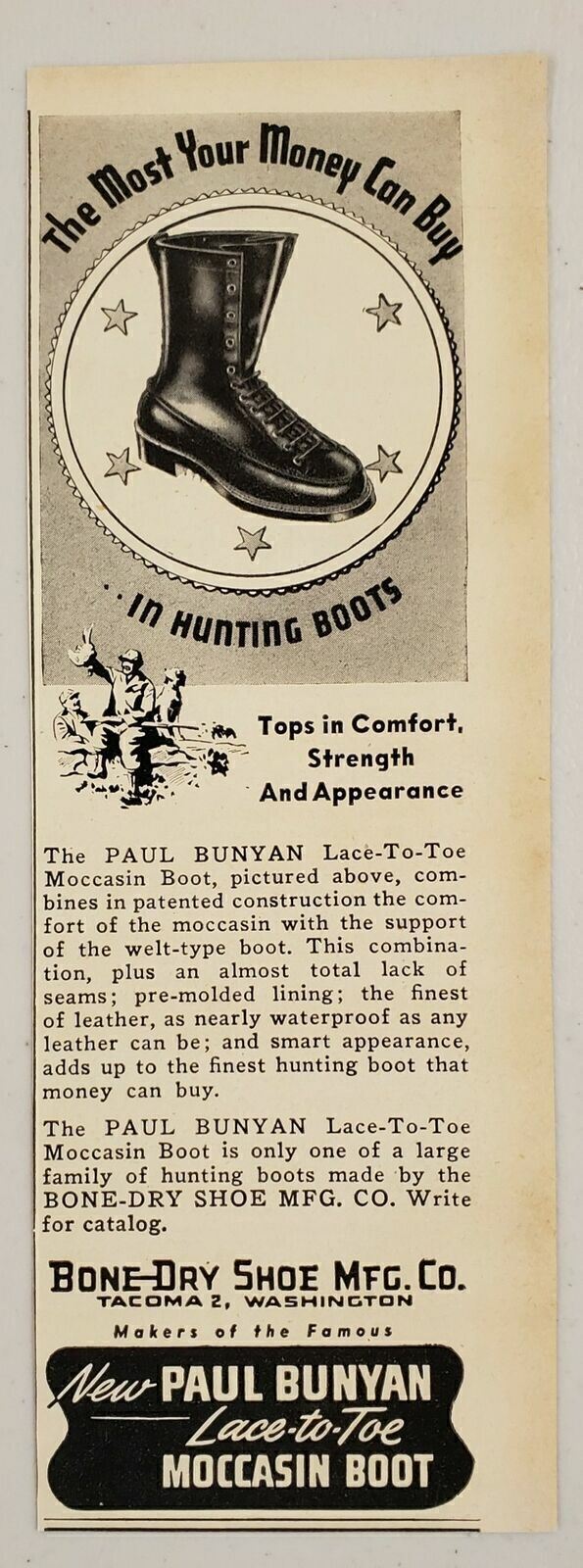 1946 Print Ad Paul Bunyan Moccasin Boots Bone-Dry Shoe Tacoma,Washington