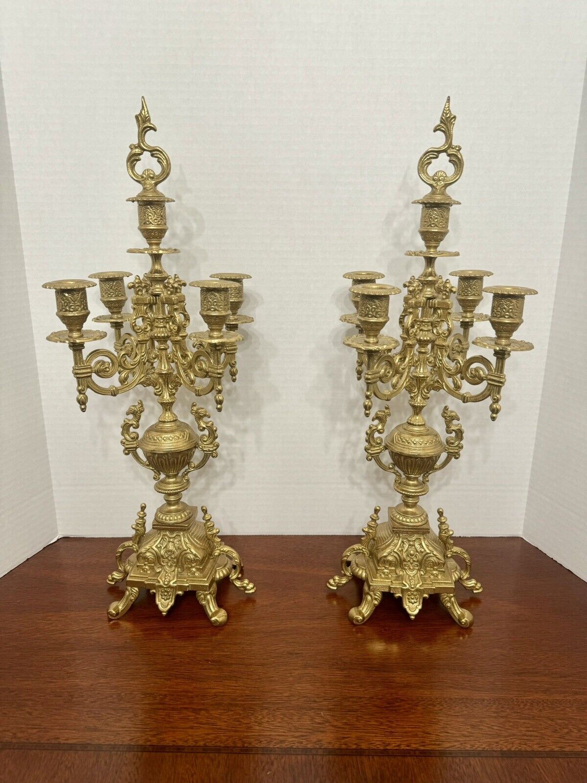 Hollywood Regency Vintage Baroque Style Brass Brevetto Candelabra Pair  16.5 