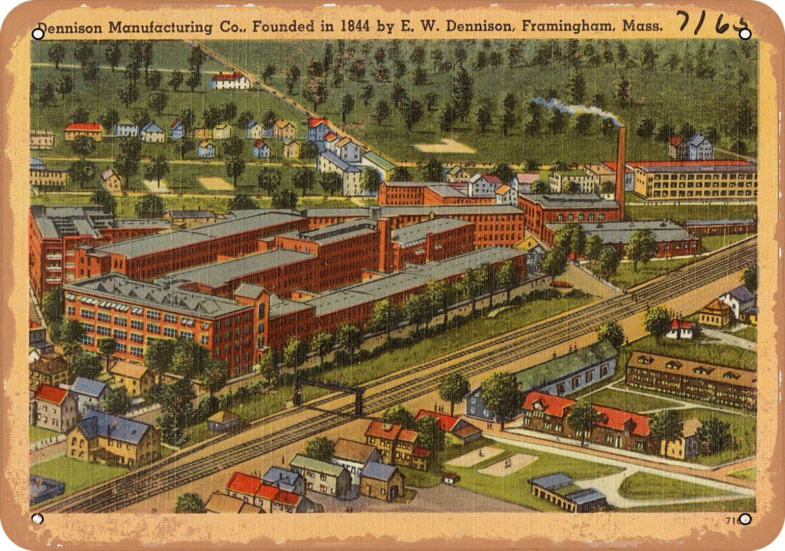 Metal Sign - Massachusetts Postcard - Dennison Manufacturing Co., founded in 18