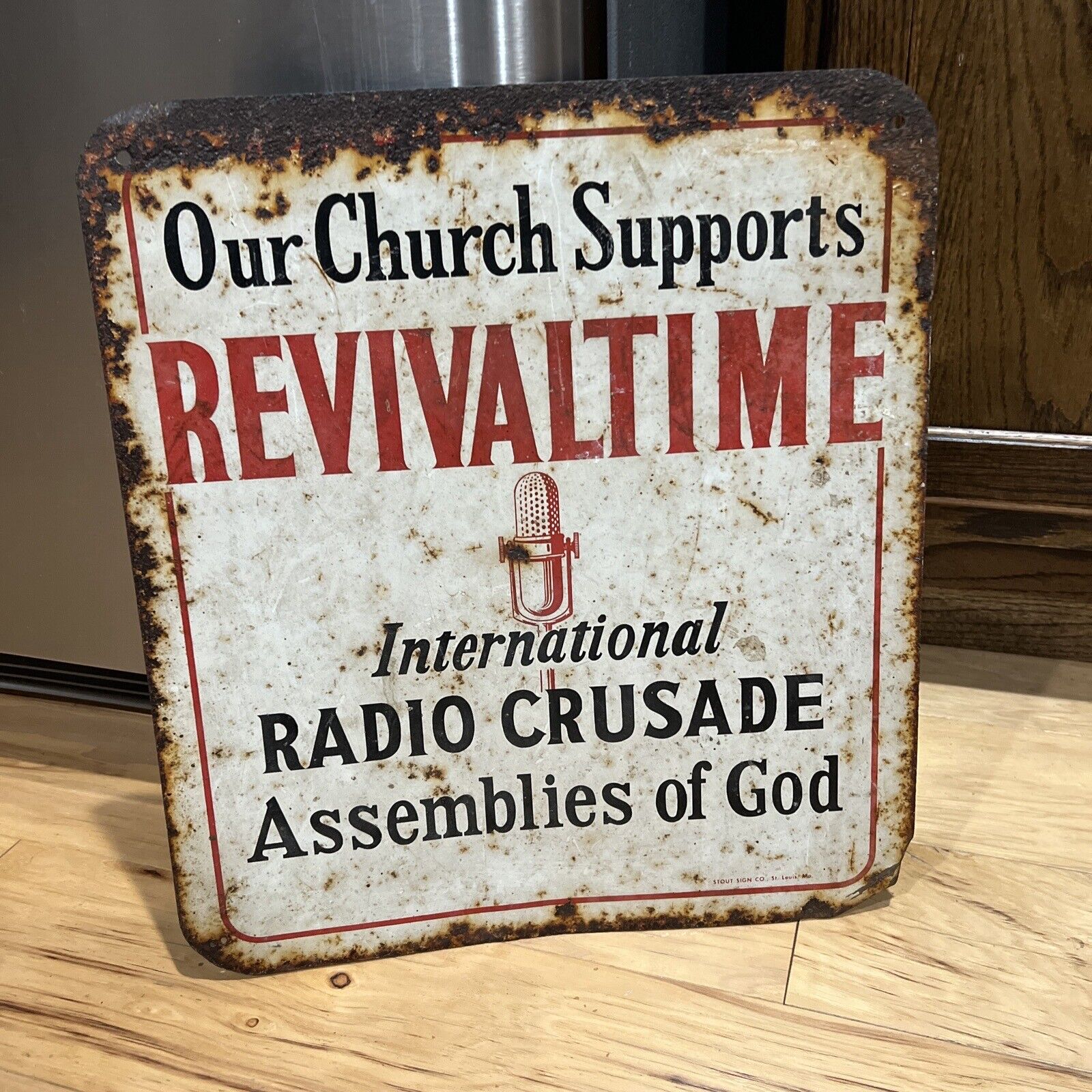 1950 Revivaltime Metal Sign Assemblies of God Radio Crusade Christian Rare Steel