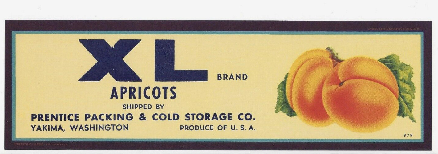Original scarce XL apricot crate label Prentice Packing & Cold Storage Yakima WA