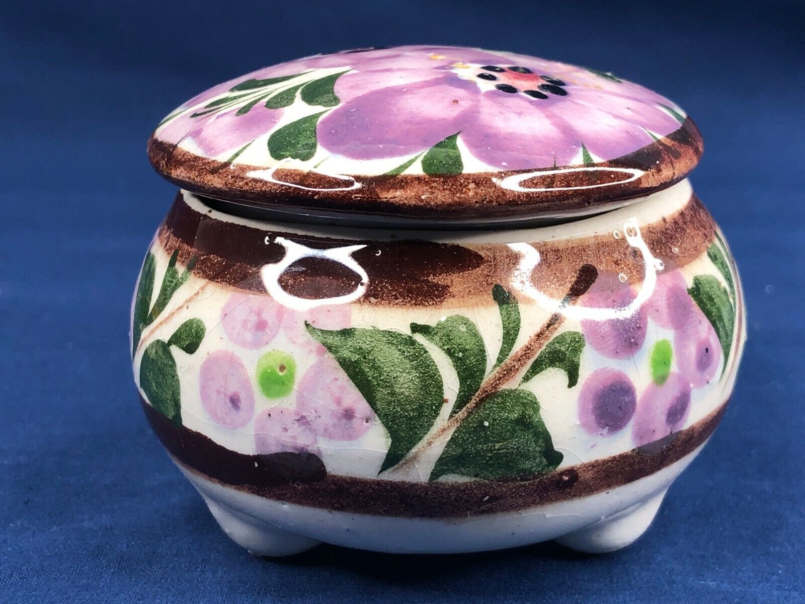 Vintage Porcelain Trinket Box Purple Flowers Lidded Footed Mid Century Modern