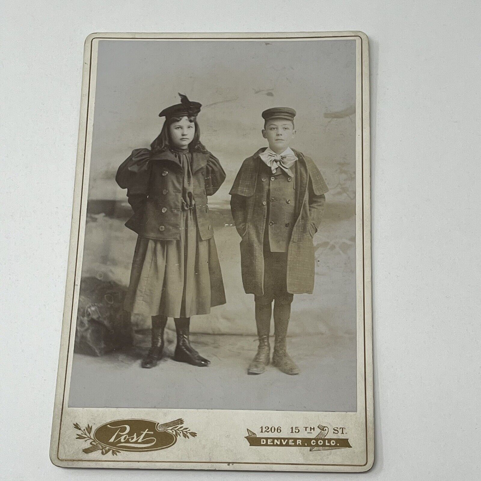 c1890\'s Young Little Girl Boy Photo Cabinet Card Hats Dressed Up