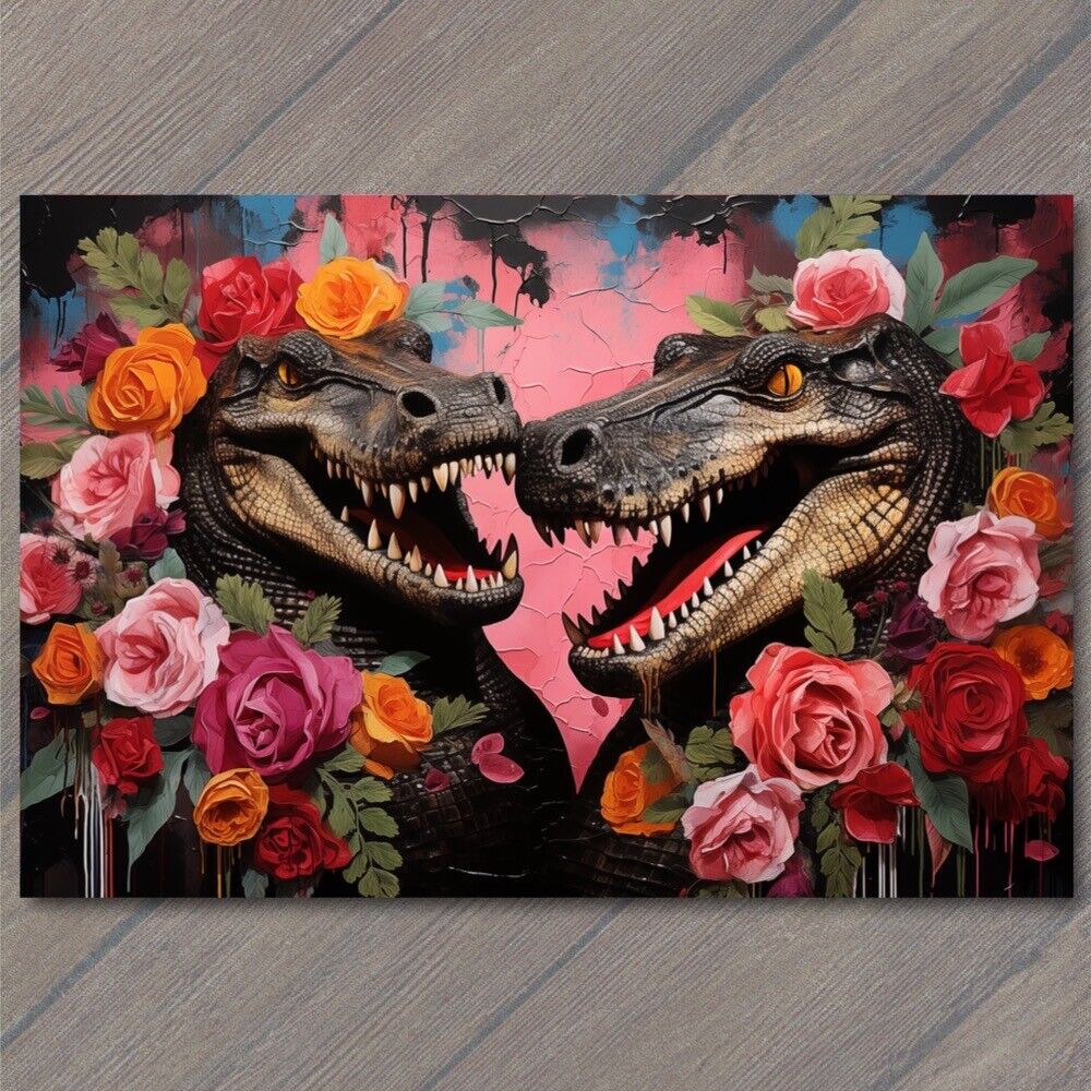 POSTCARD Alligator Crocodile Valentine’s Day Celebration Hearts Flowers